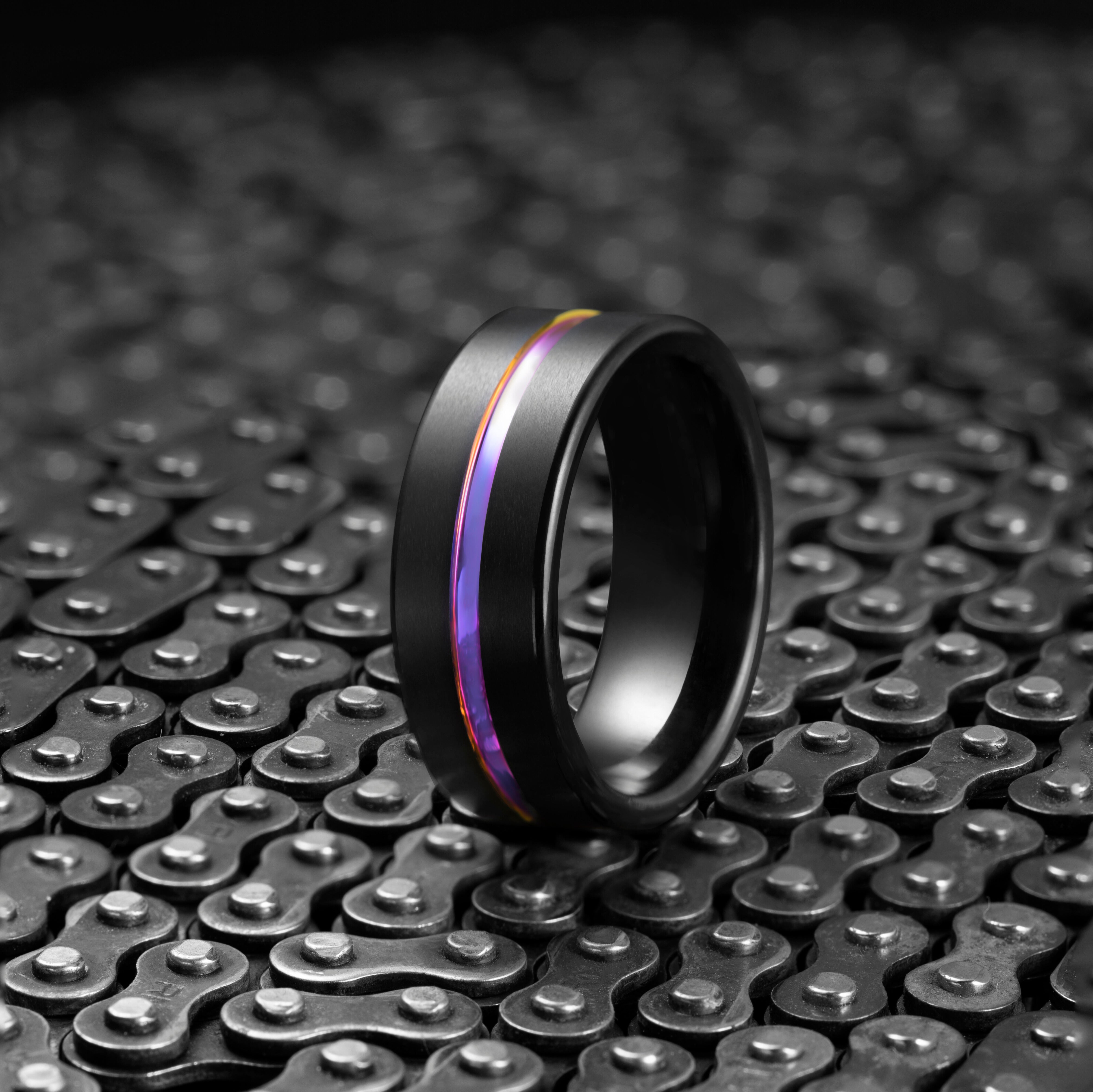 Black Tungsten Ring with a Rainbow Band | The Spectre Ring | Milina London