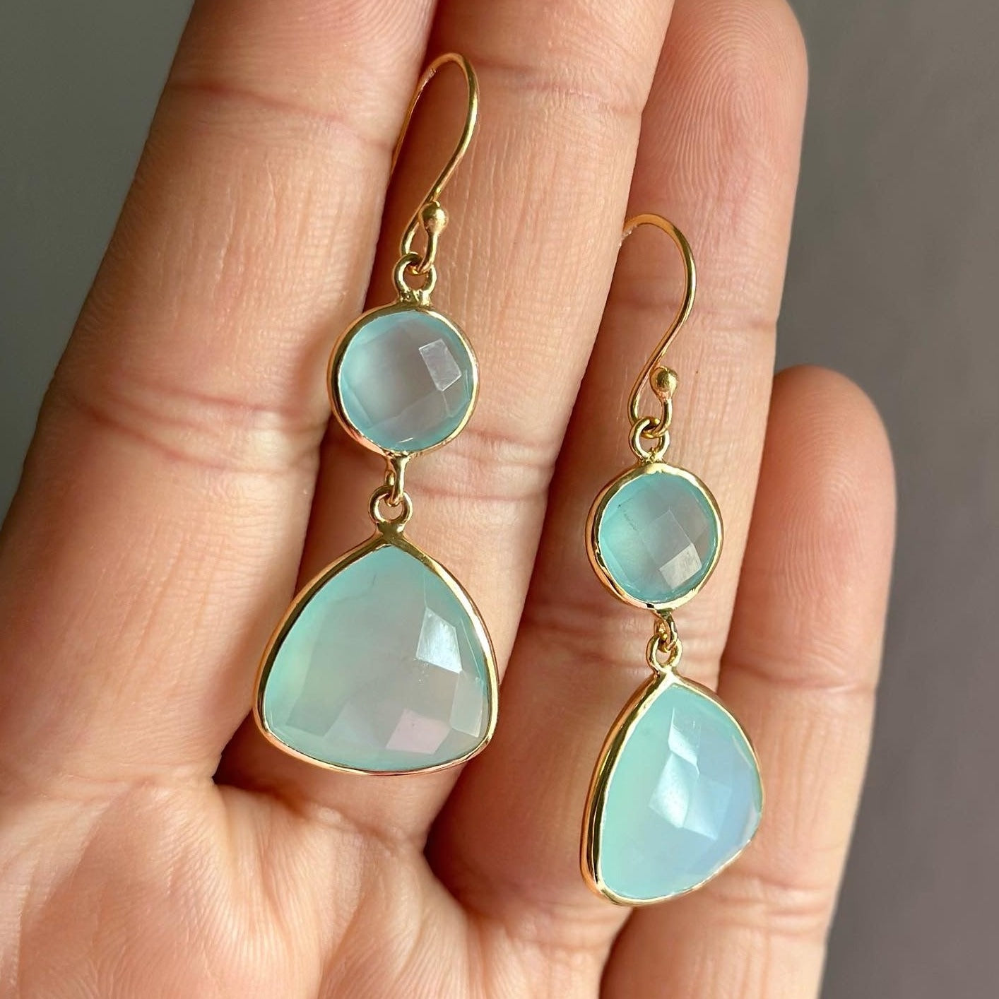 Aqua Chalcedony Gemstone Earrings in Gold Plated Sterling Silver - Triangular