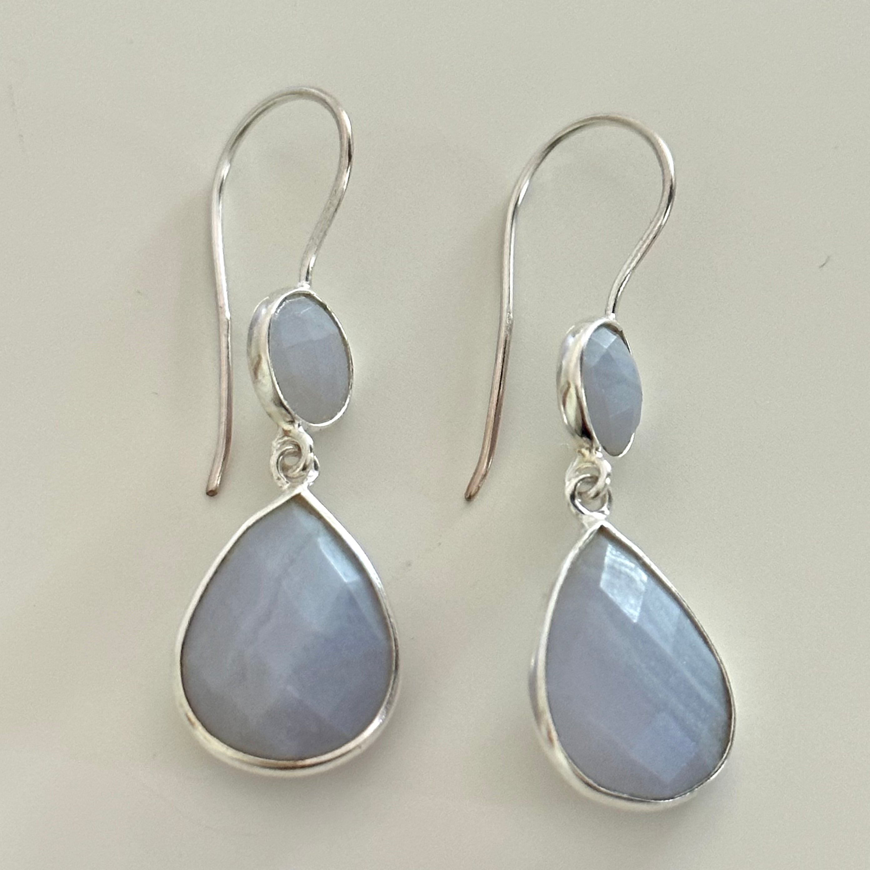 Blue Laced Agate Gemstone Two Stone Earrings in Sterling Silver - Teardrop