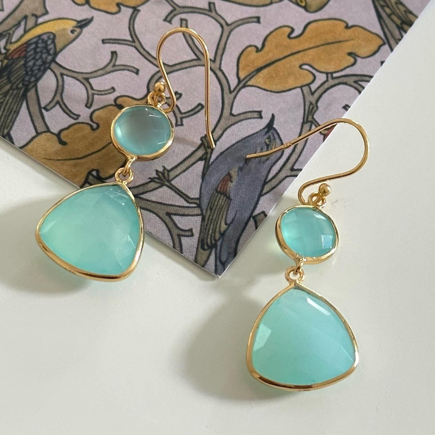 Aqua Chalcedony Gemstone Earrings in Gold Plated Sterling Silver - Triangular