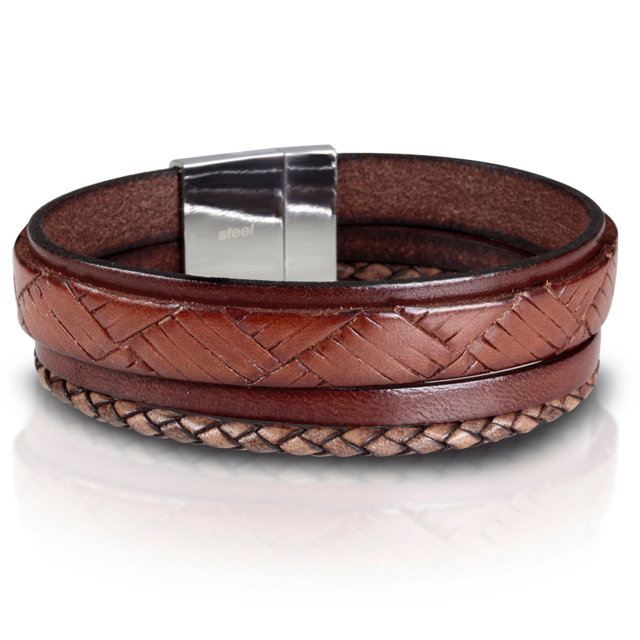 Men's Brown Nappa Leather Wide 4 Band Bracelet with a Magnetic Stainless Steel Clasp