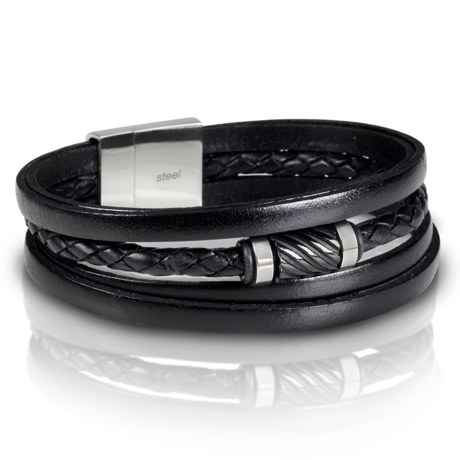 Black Nappa Leather Men's 5 Band Bracelet with Spacers and a Magnetic Stainless Steel Clasp