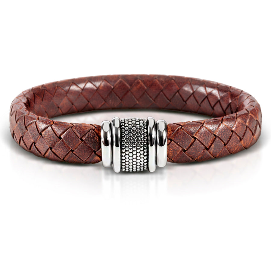 Men's Pure Leather Bracelet with a Brown Plaited Band and a Stainless Steel Clasp