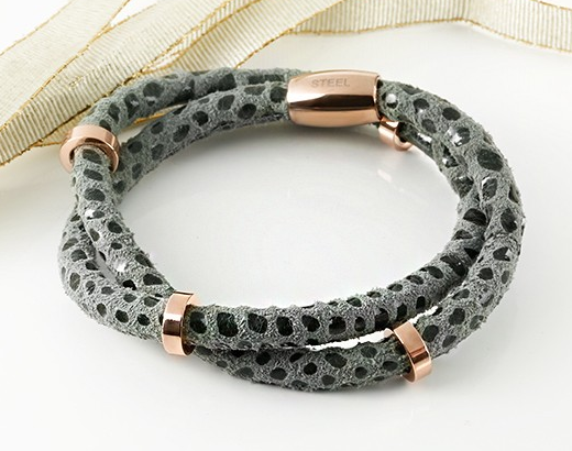 Grey Textured Leather Double Men's Bracelet with a Magnetic Rose Gold Plated Steel Clasp and Spacers