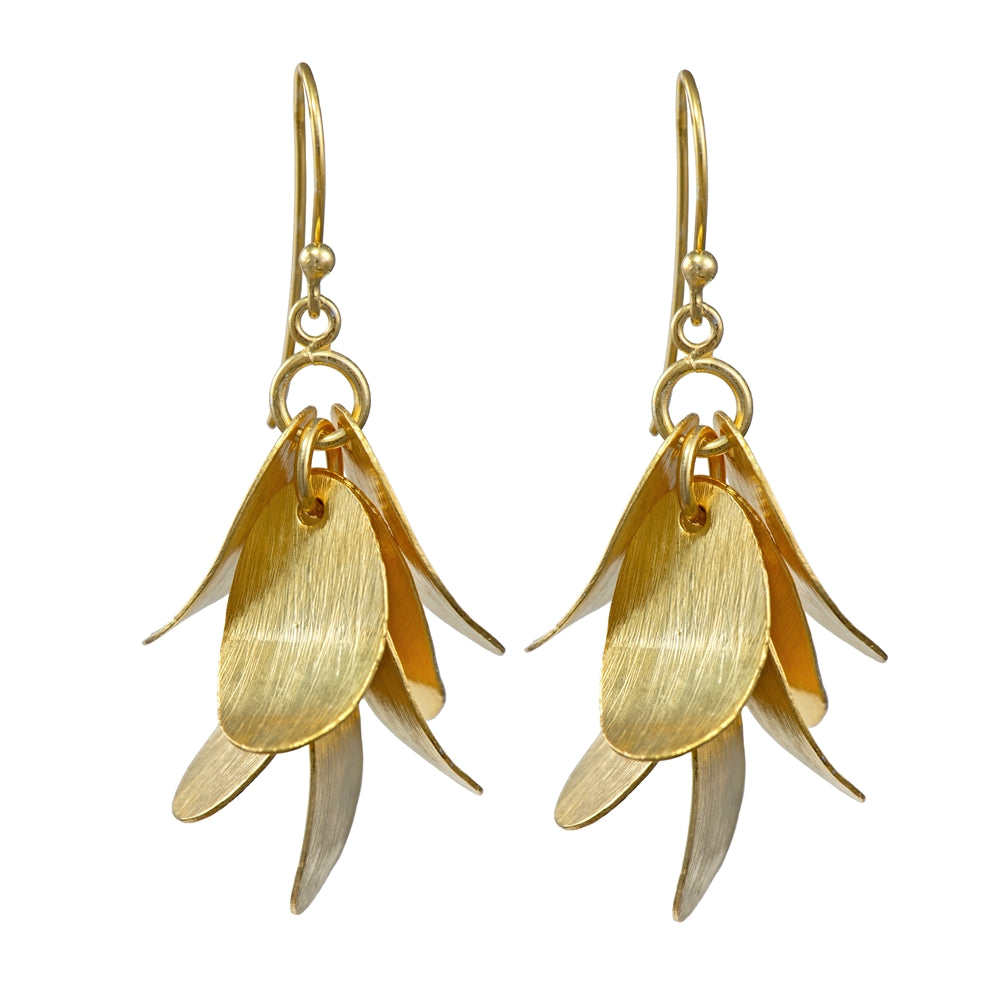 Falling Leaves Brushed Gold Plated Silver Long Dangle Earrings