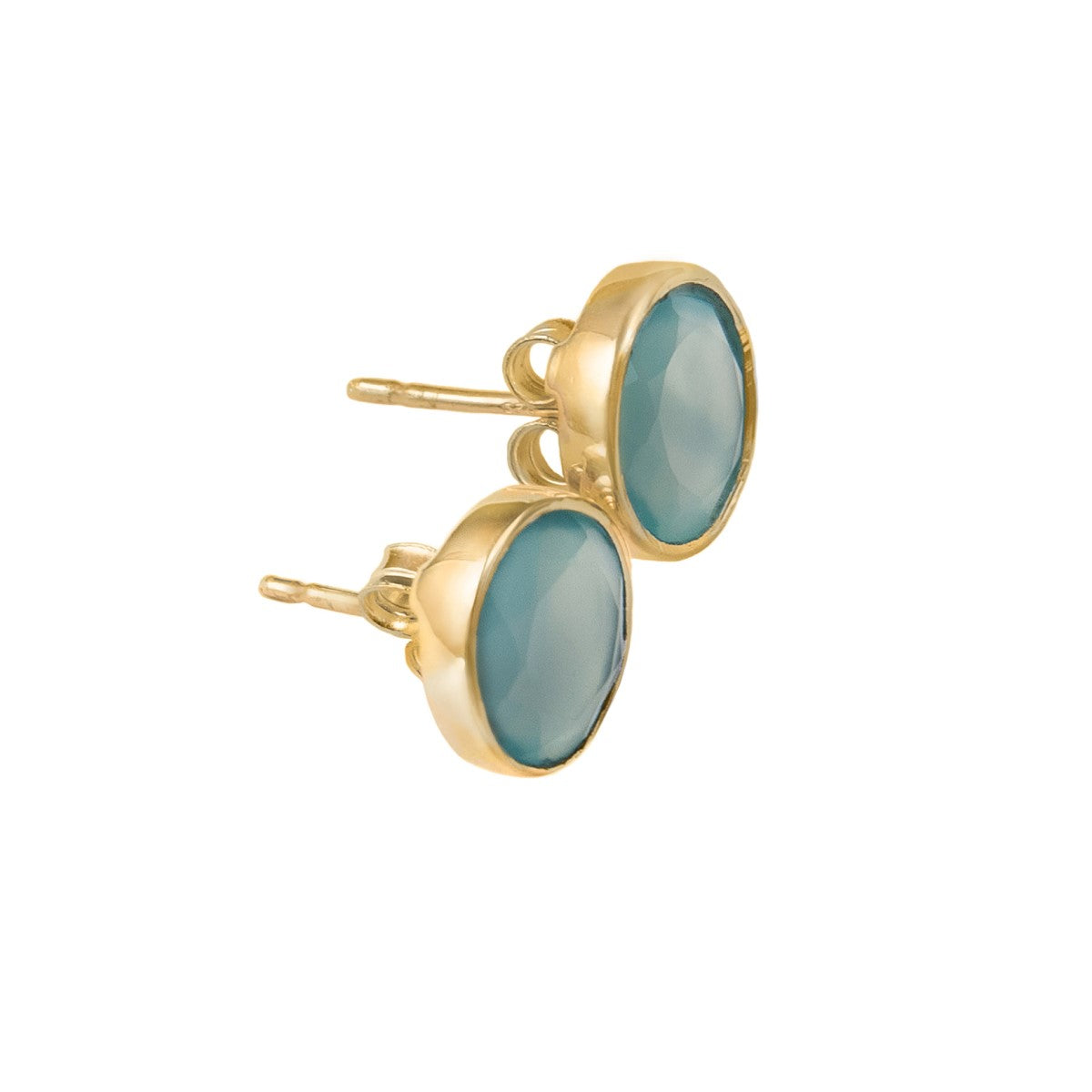 Aqua Chalcedony Studs in Gold Plated Sterling Silver with a Round Faceted Gemstone