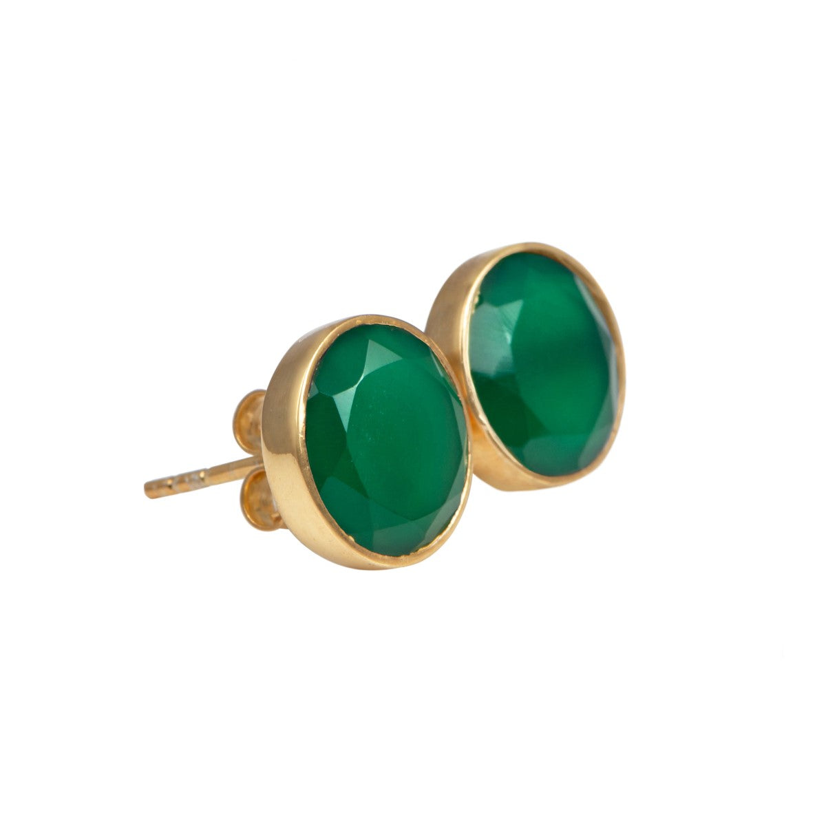 Green Onyx Studs in Gold Plated Sterling Silver with a Round Faceted Gemstone