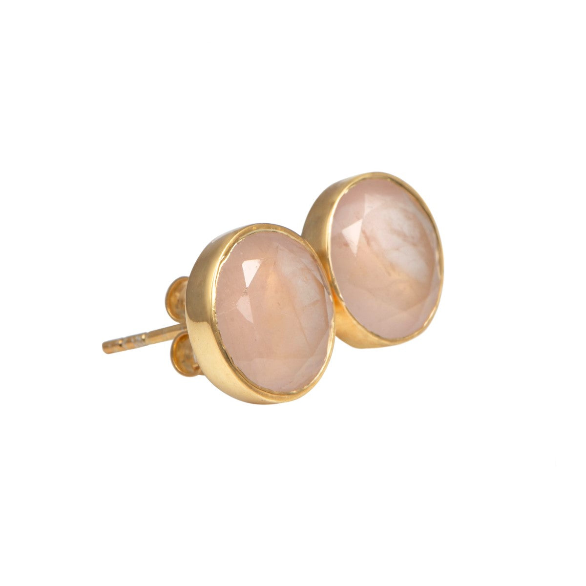 Rose Quartz Studs in Gold Plated Sterling Silver with a Round Faceted Gemstone