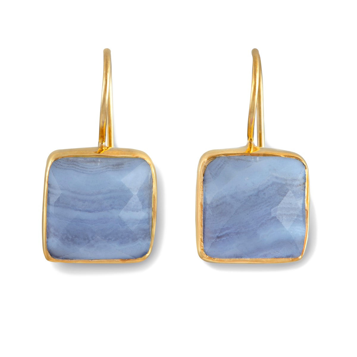 Gold Plated Sterling Silver Square Gemstone Earrings - Blue Laced Agate