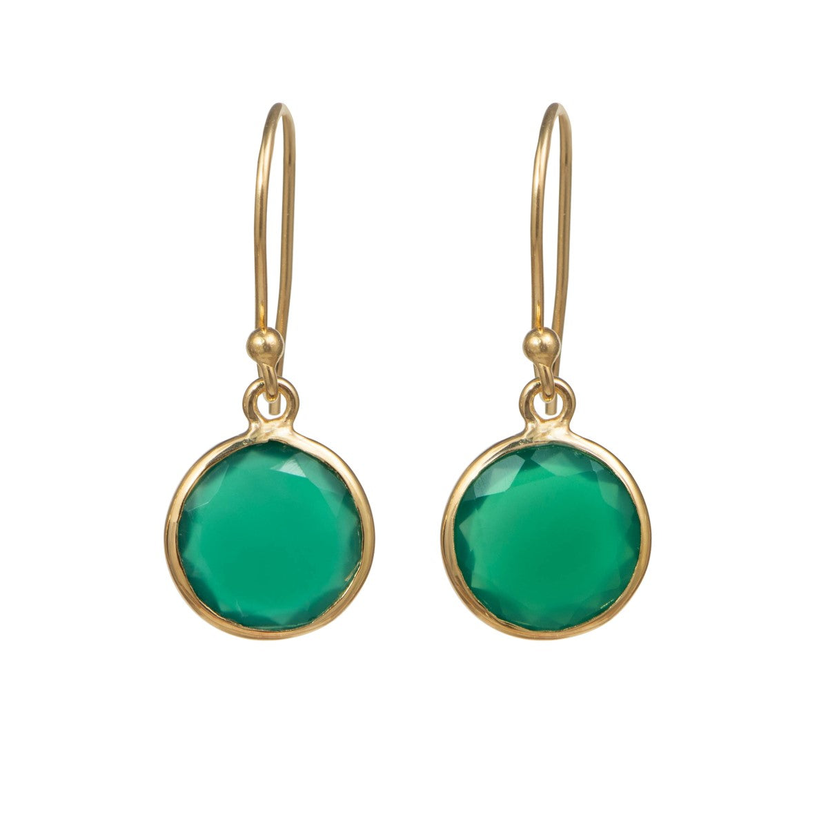 Green Onyx Gold Plated Sterling Silver Earrings with a Round Faceted Gemstone Drop