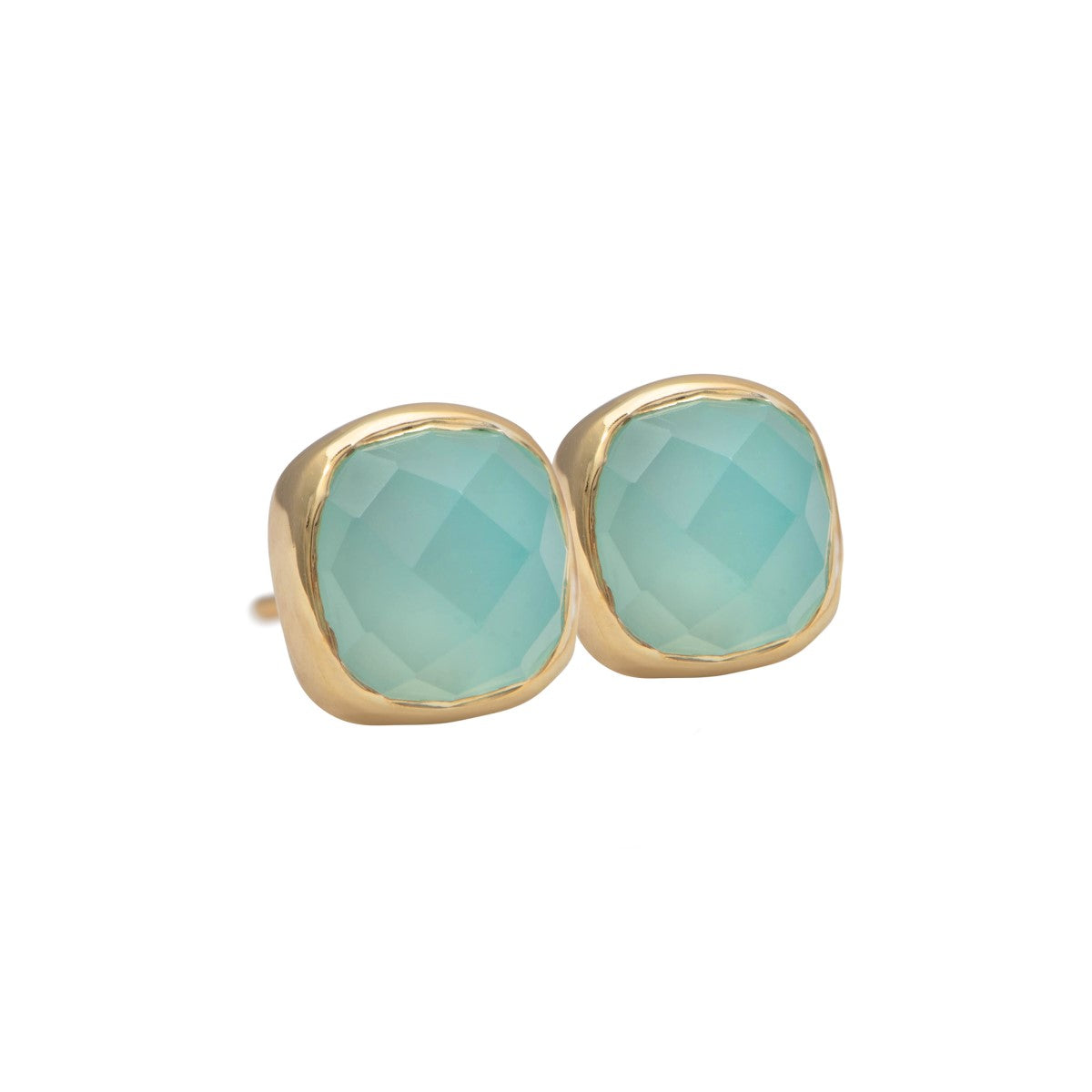 Faceted Square Aqua Chalcedony Gemstone Stud Earrings in Gold Plated Sterling Silver