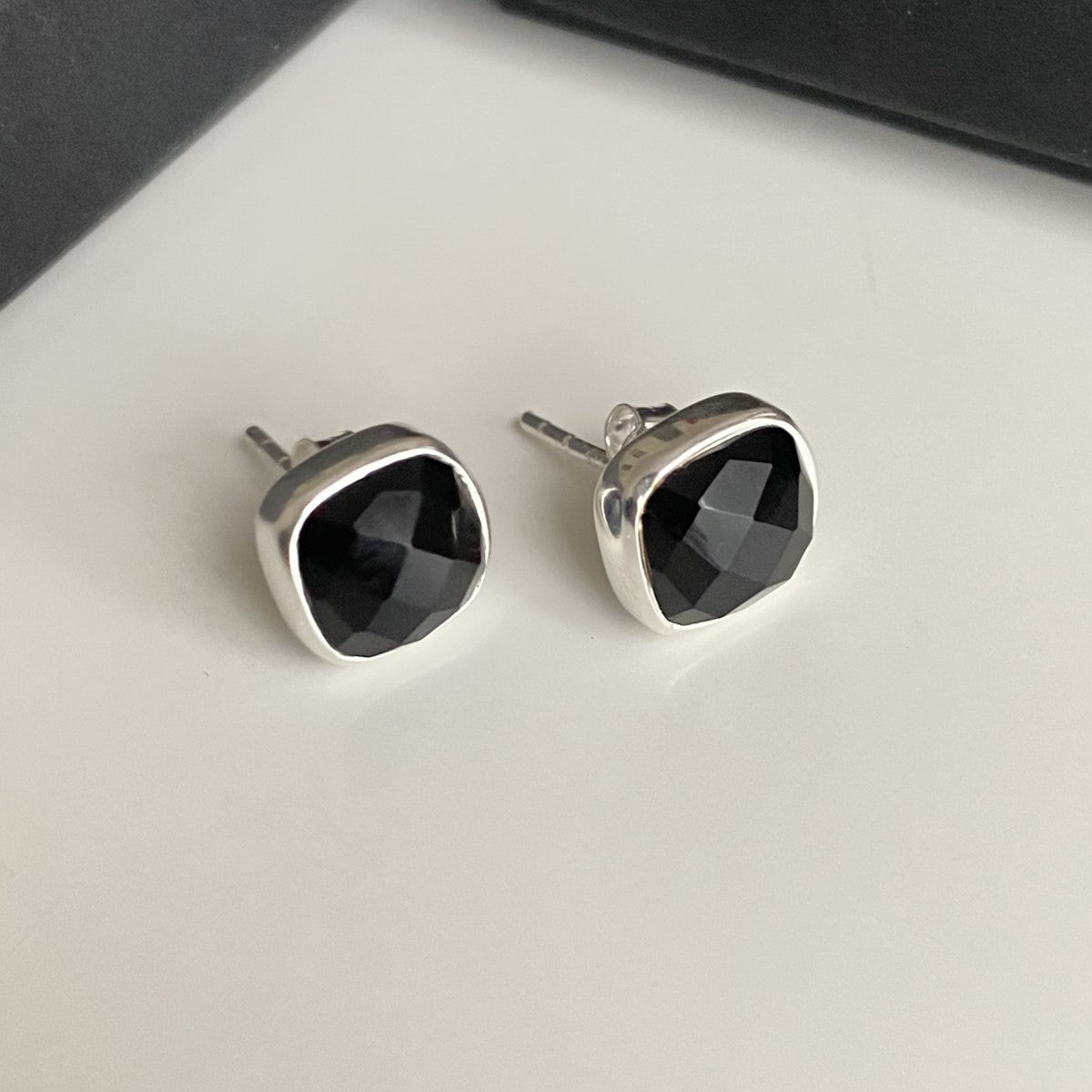 Faceted Square Black Onyx Gemstone Stud Earrings in Sterling Silver