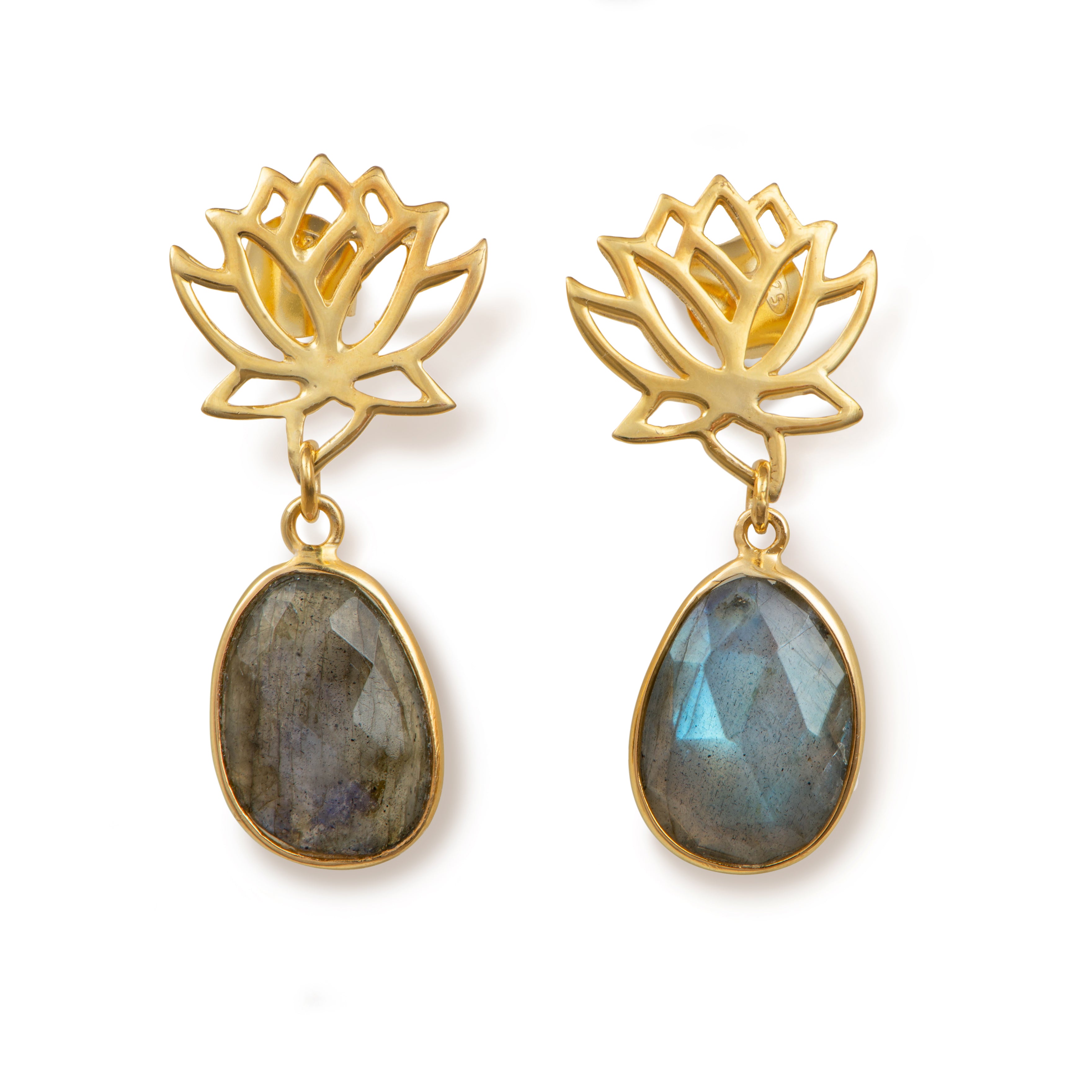 Lotus Earrings in Gold Plated Sterling Silver with a Labradorite Gemstone Drop