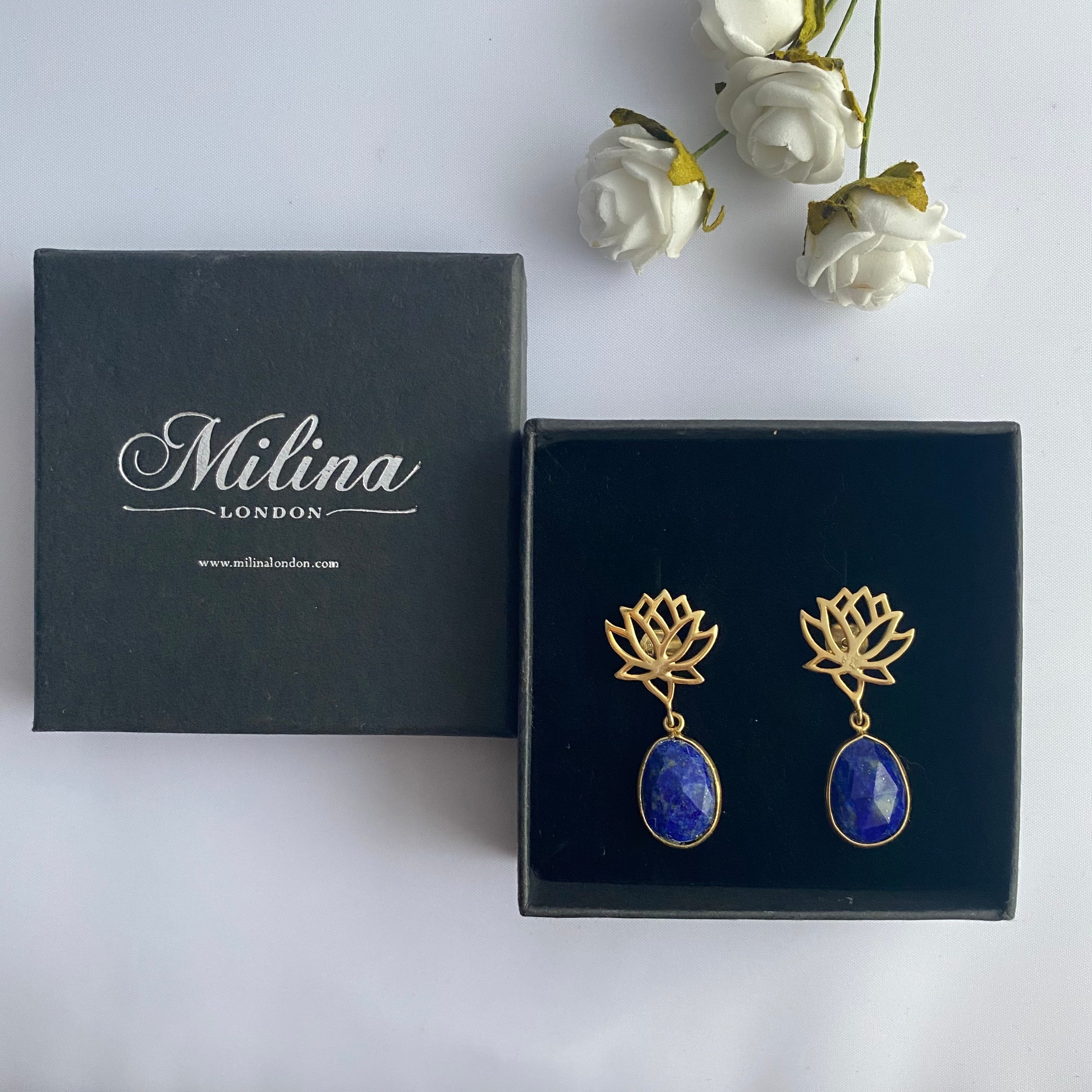 Lotus Earrings in Gold Plated Sterling Silver with a Lapis Lazuli Gemstone Drop