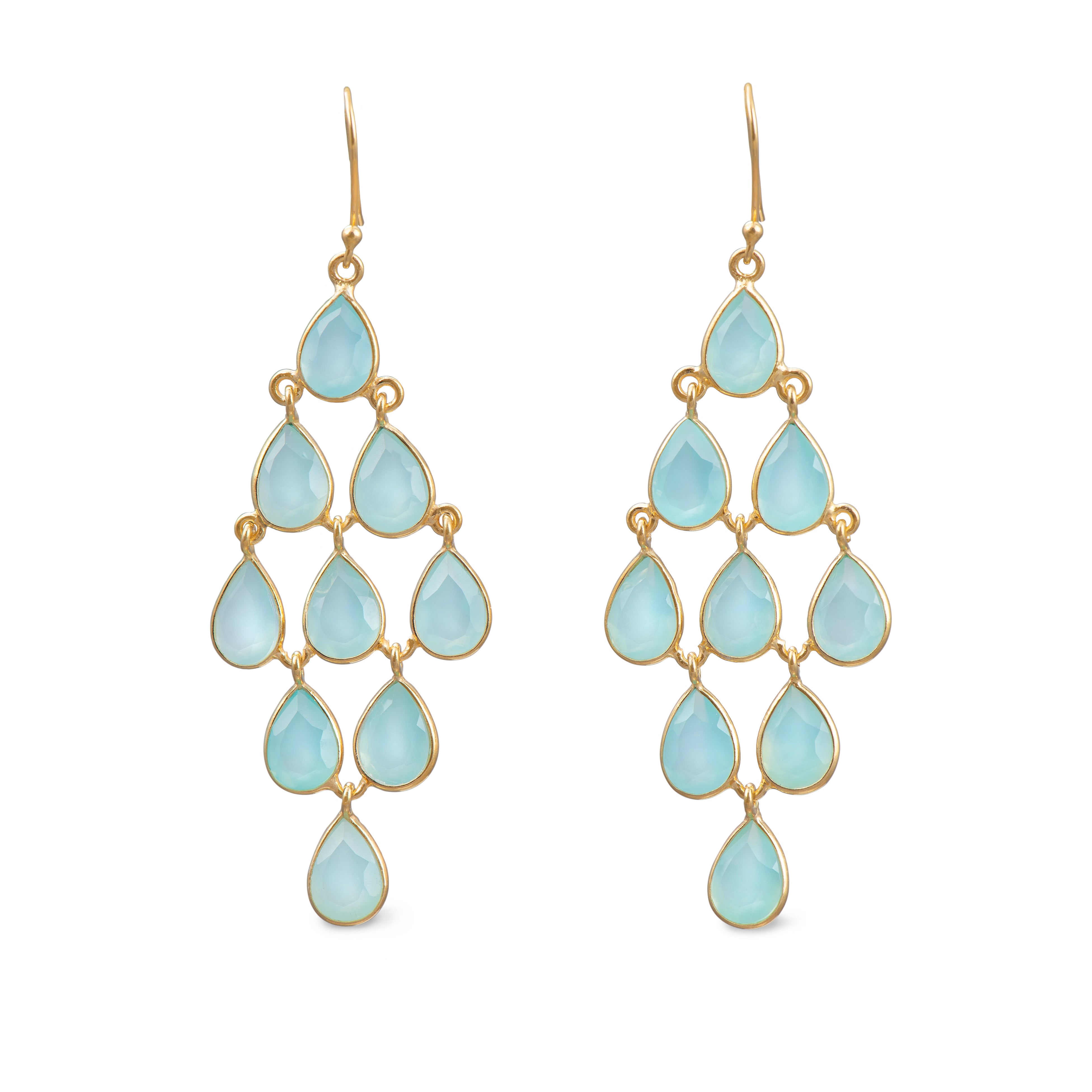 Gold Plated Sterling Silver Chandelier Earrings with Natural Gemstones - Aqua Chalcedony
