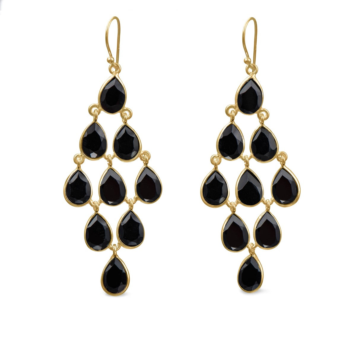 Gold Plated Sterling Silver Chandelier Earrings with Natural Gemstones  - Black Onyx