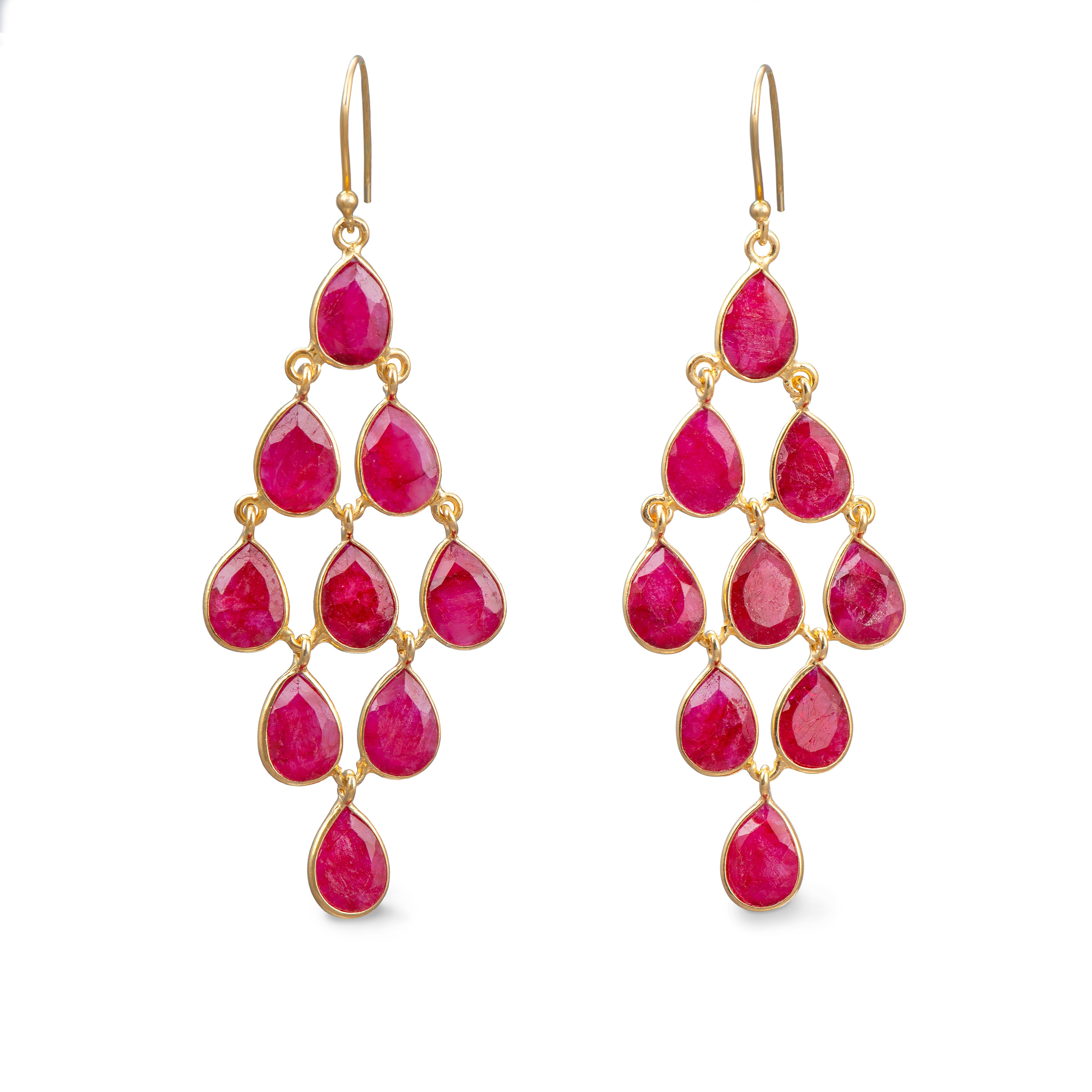 Gold Plated Sterling Silver Chandelier Earrings with Natural Gemstones - Ruby Quartz