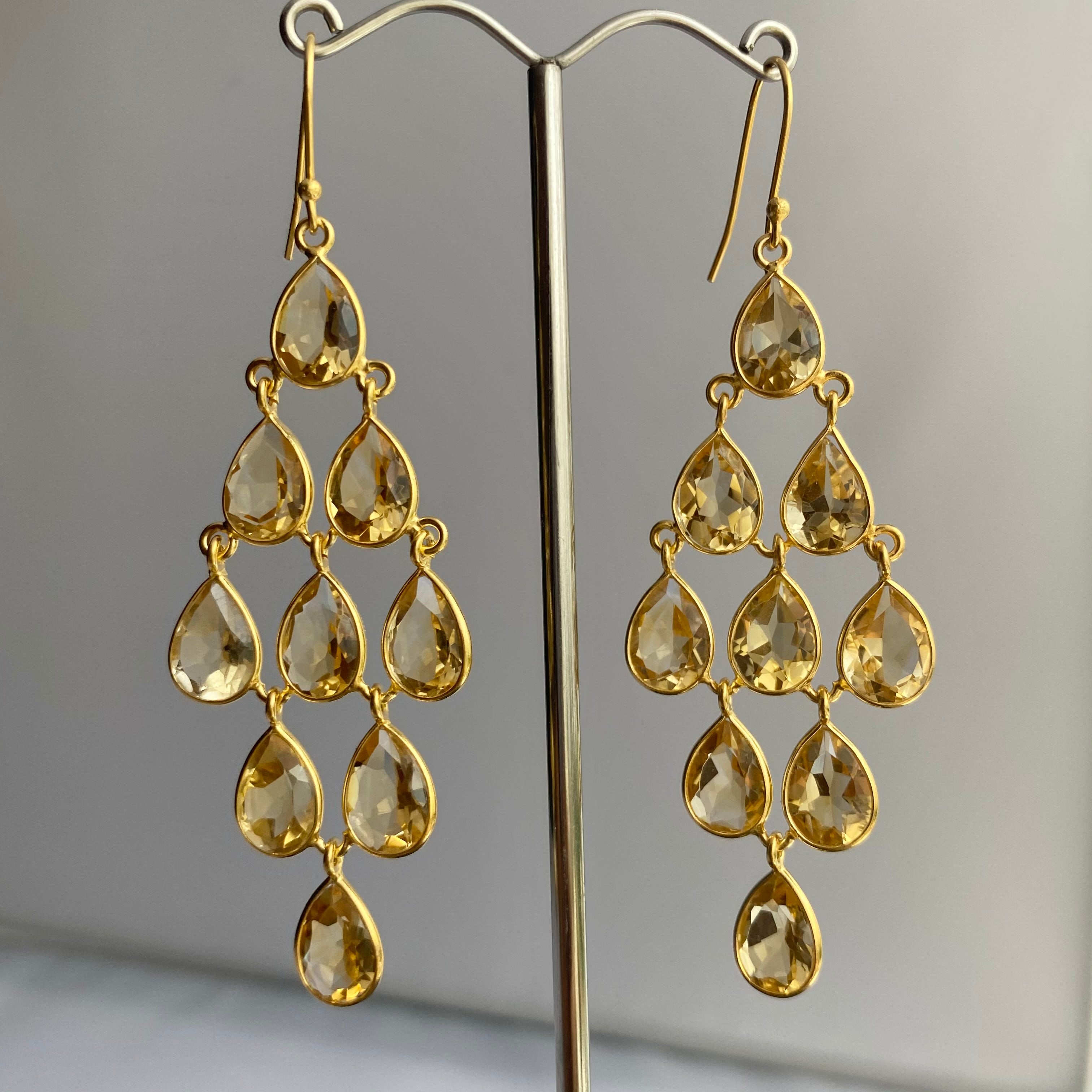 Gold Plated Sterling Silver Chandelier Earrings with Natural Gemstones - Citrine