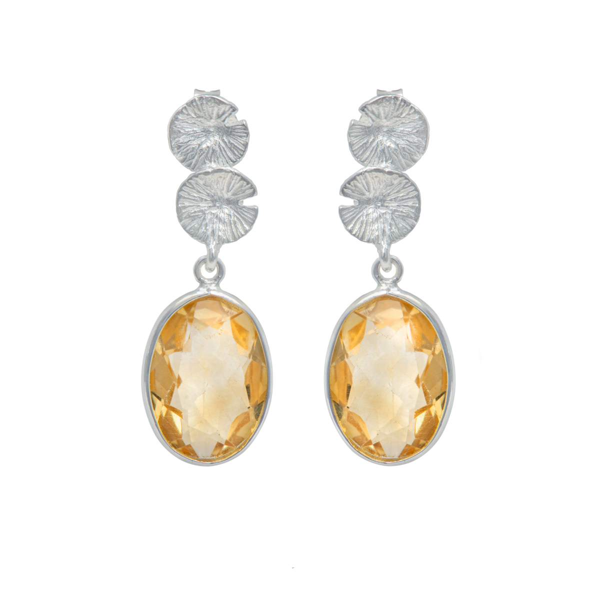 Lily Pad Earrings in Sterling Silver with a Citrine Gemstone Drop