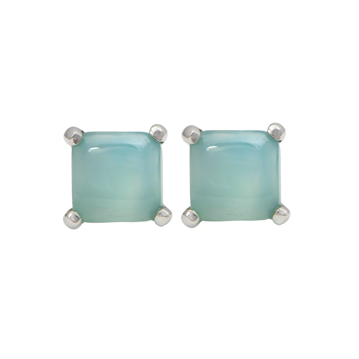 Square Cabochon Aqua Chalcedony Stud Earrings in Sterling Silver