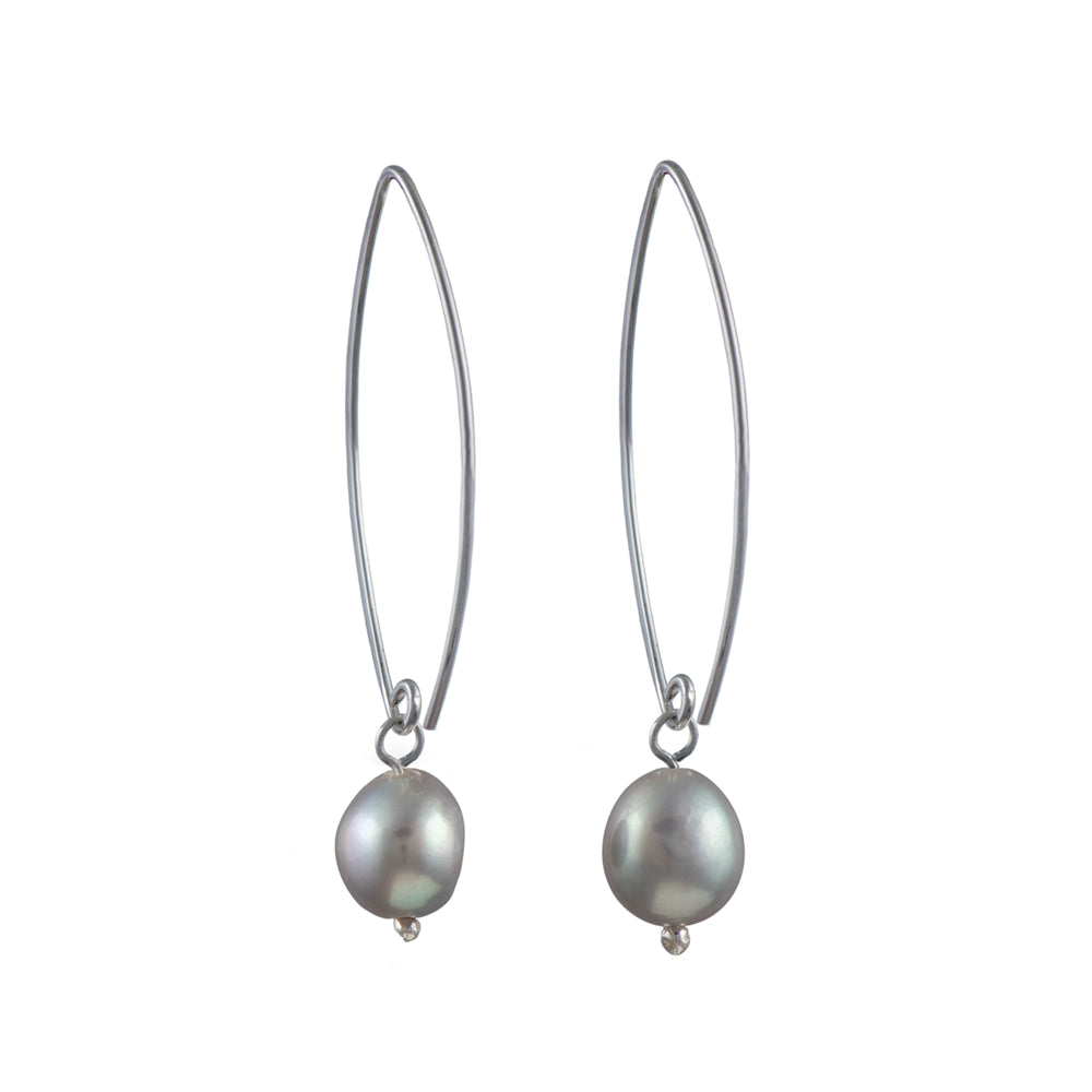 Long Silver Earrings with Grey Pearl Drop
