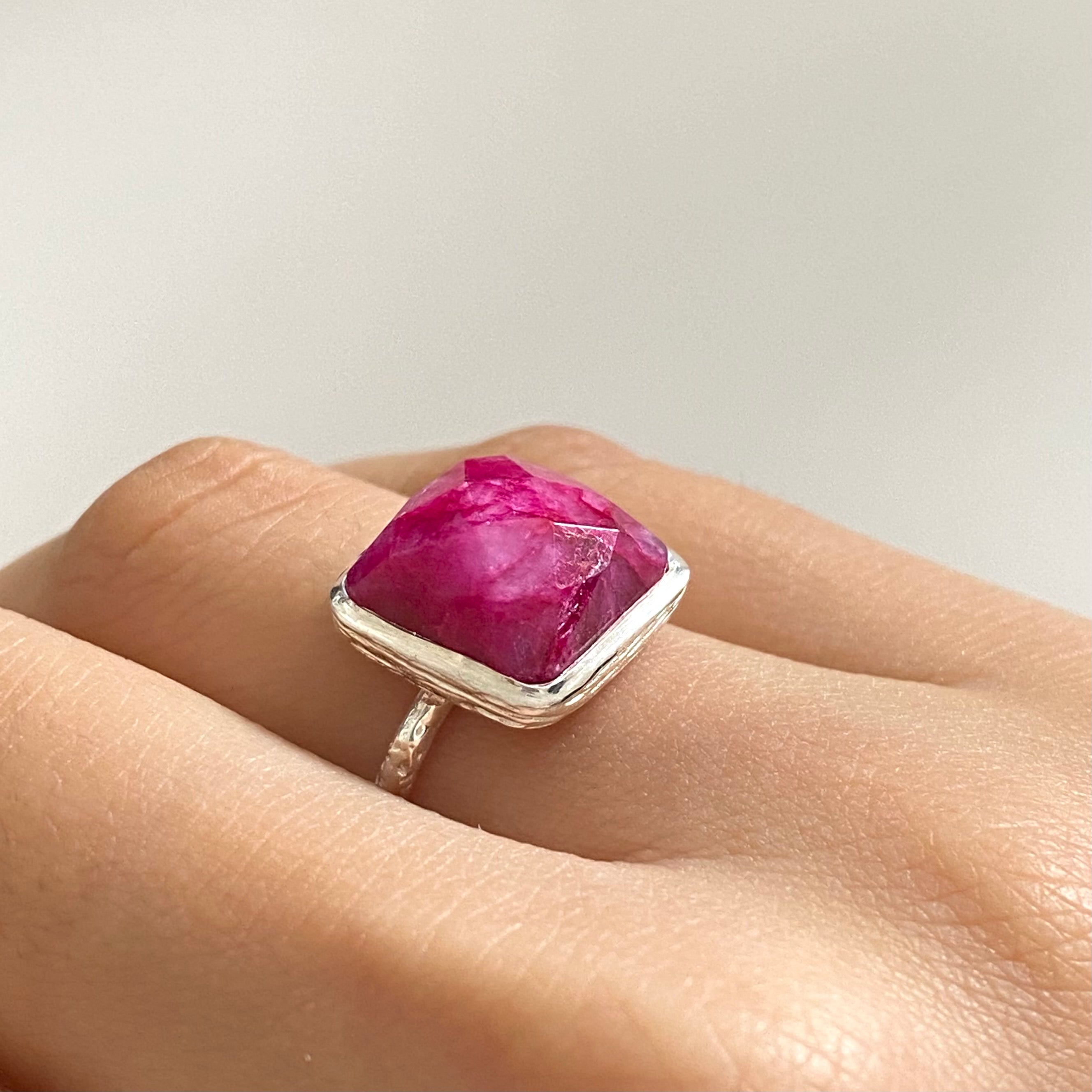 Sterling Silver Ring with Square Semiprecious Stone - Ruby Quartz