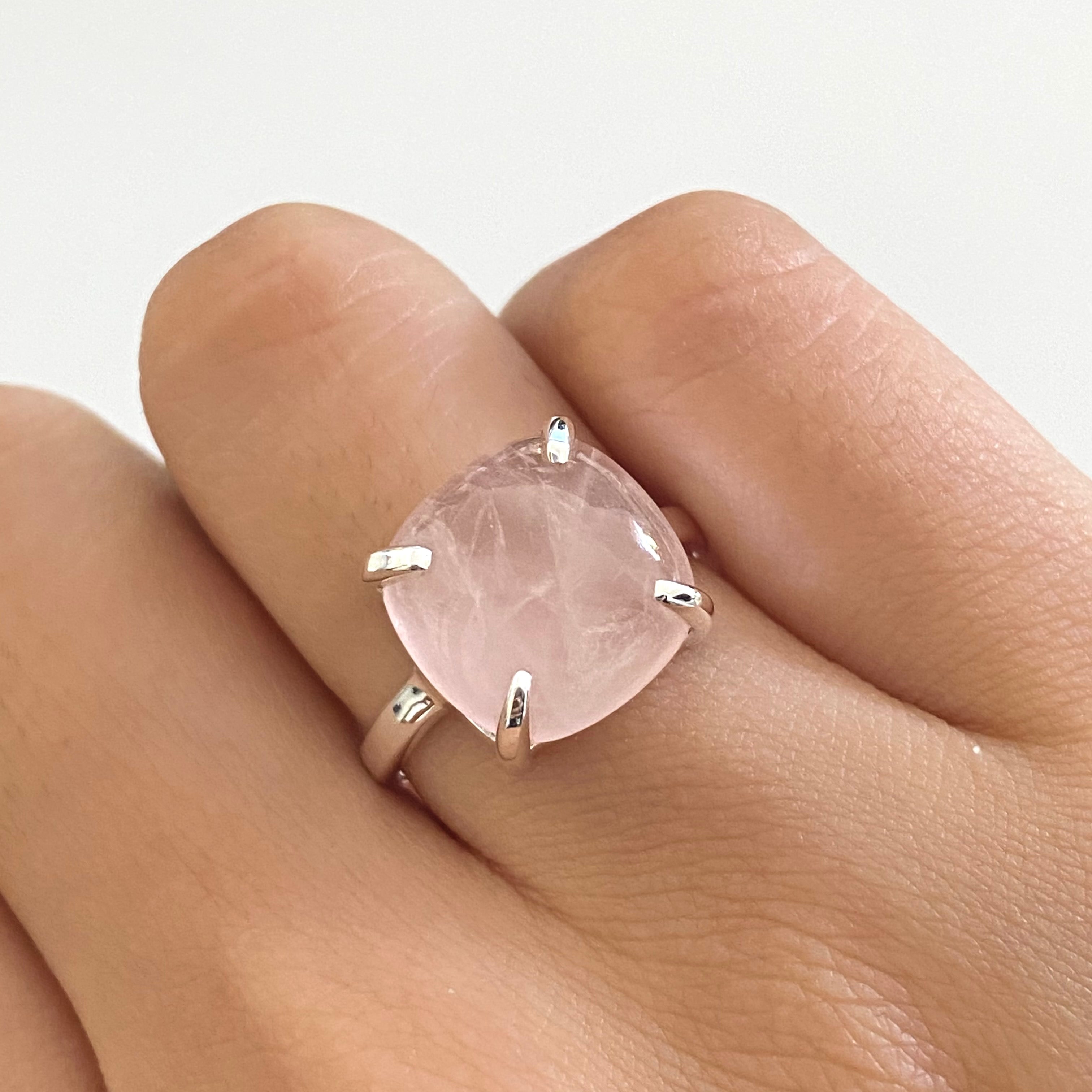 Square Cabochon Rose Quartz Ring in Sterling Silver