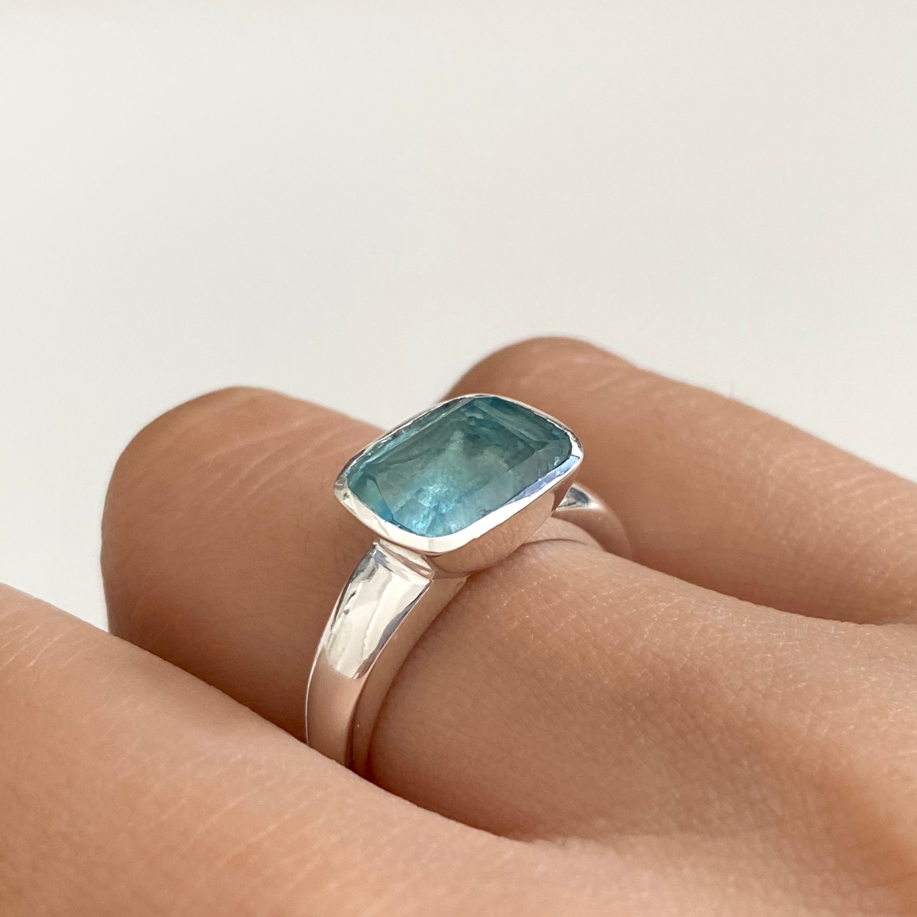 Faceted Rectangular Cut Natural Gemstone Sterling Silver Ring - Apatite