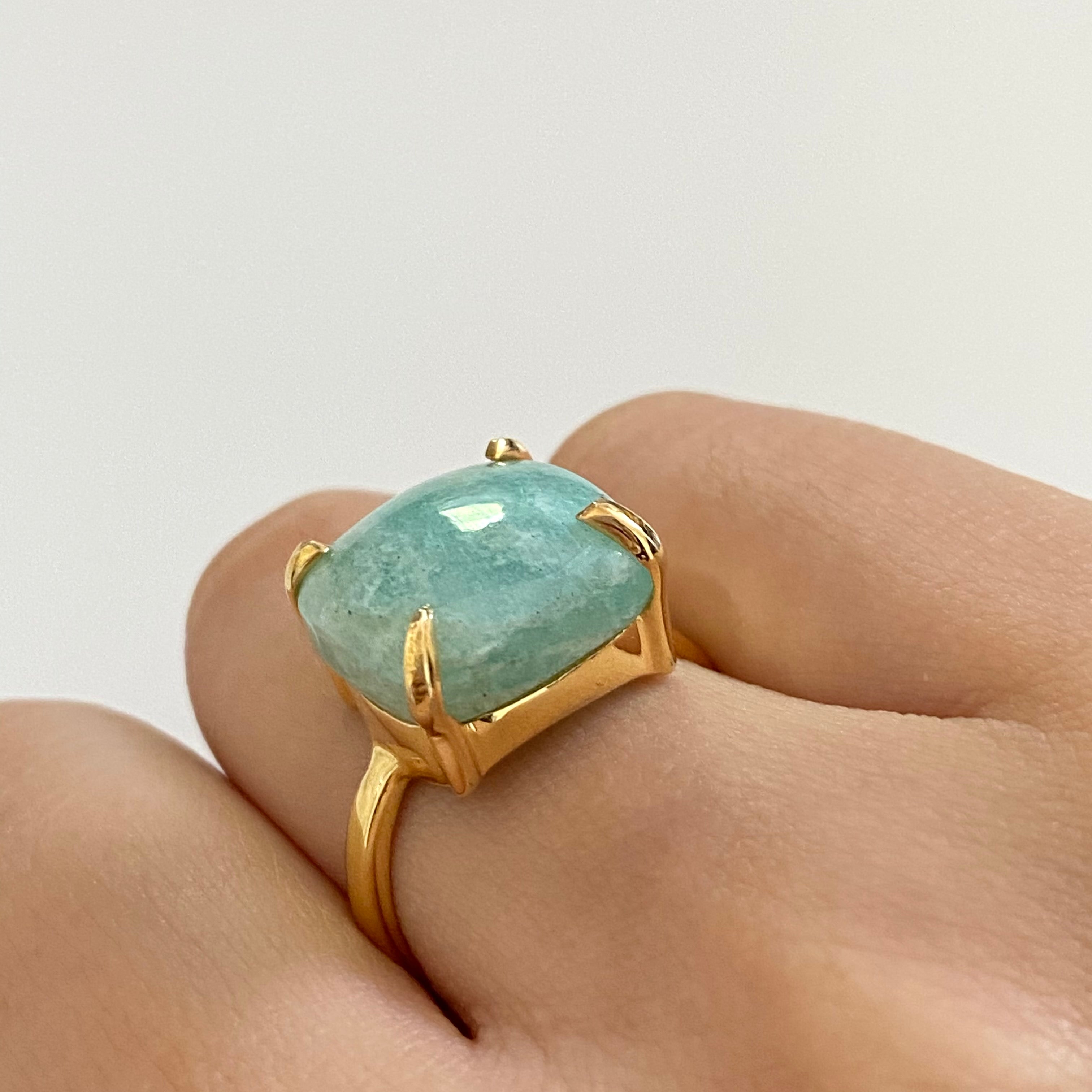 Square Cabochon Amazonite Ring in Gold Plated Sterling Silver