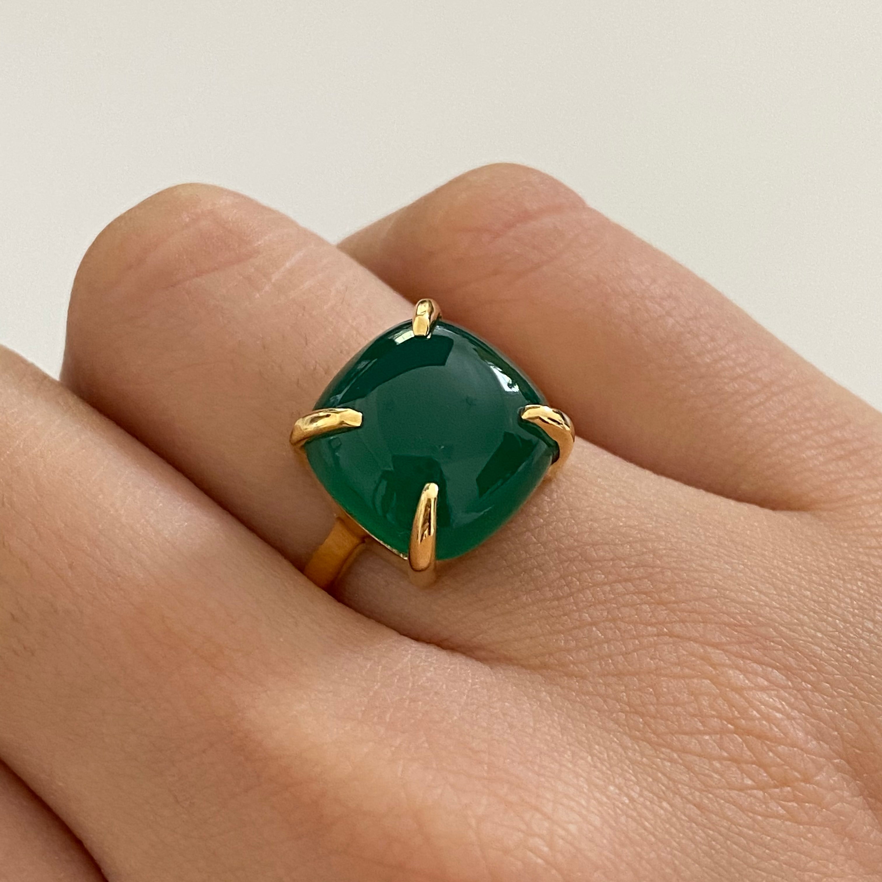 Square Cabochon Green Onyx Ring in Gold Plated Sterling Silver