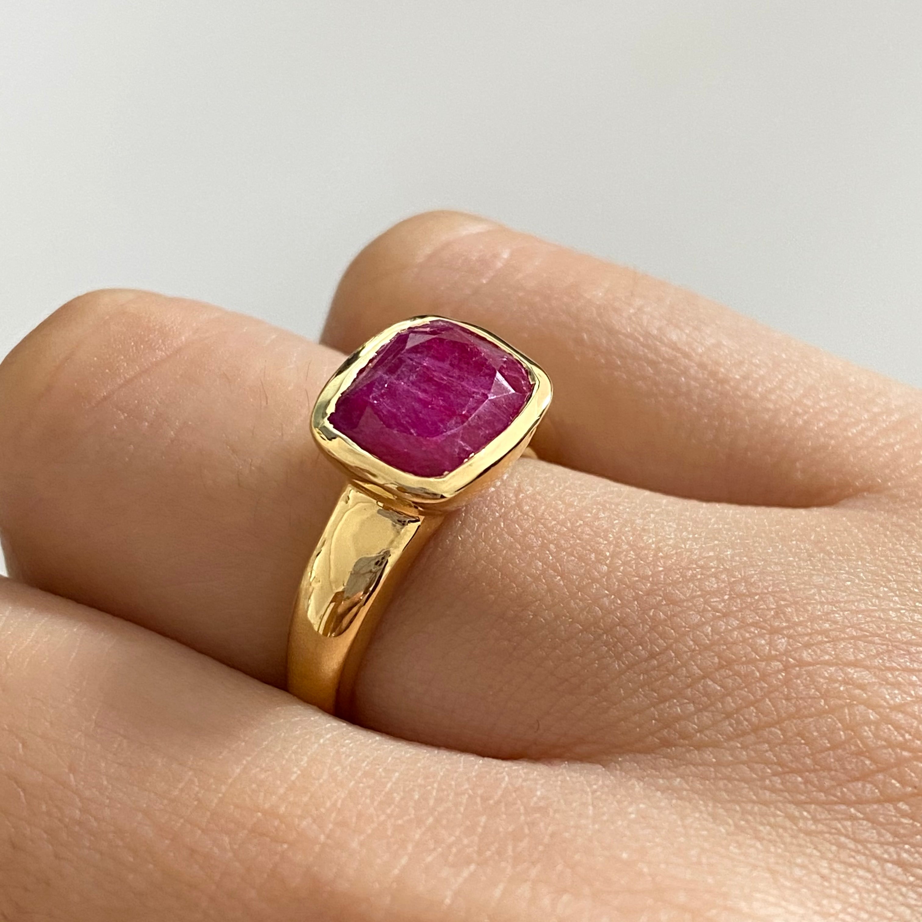 Faceted Rectangular Cut Natural Gemstone Gold Plated Sterling Silver Ring - Ruby Quartz