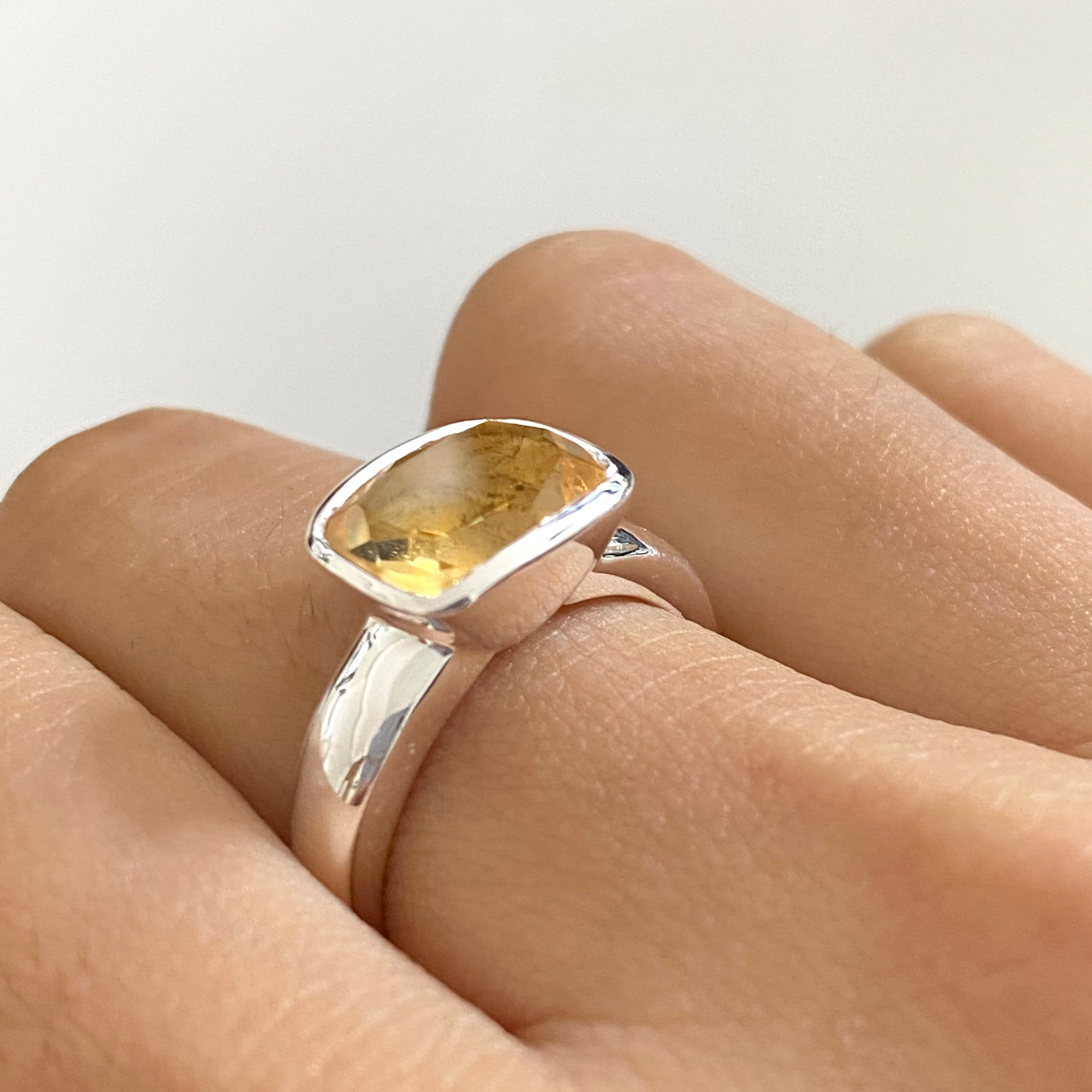 Faceted Rectangular Cut Natural Gemstone Sterling Silver Ring - Citrine