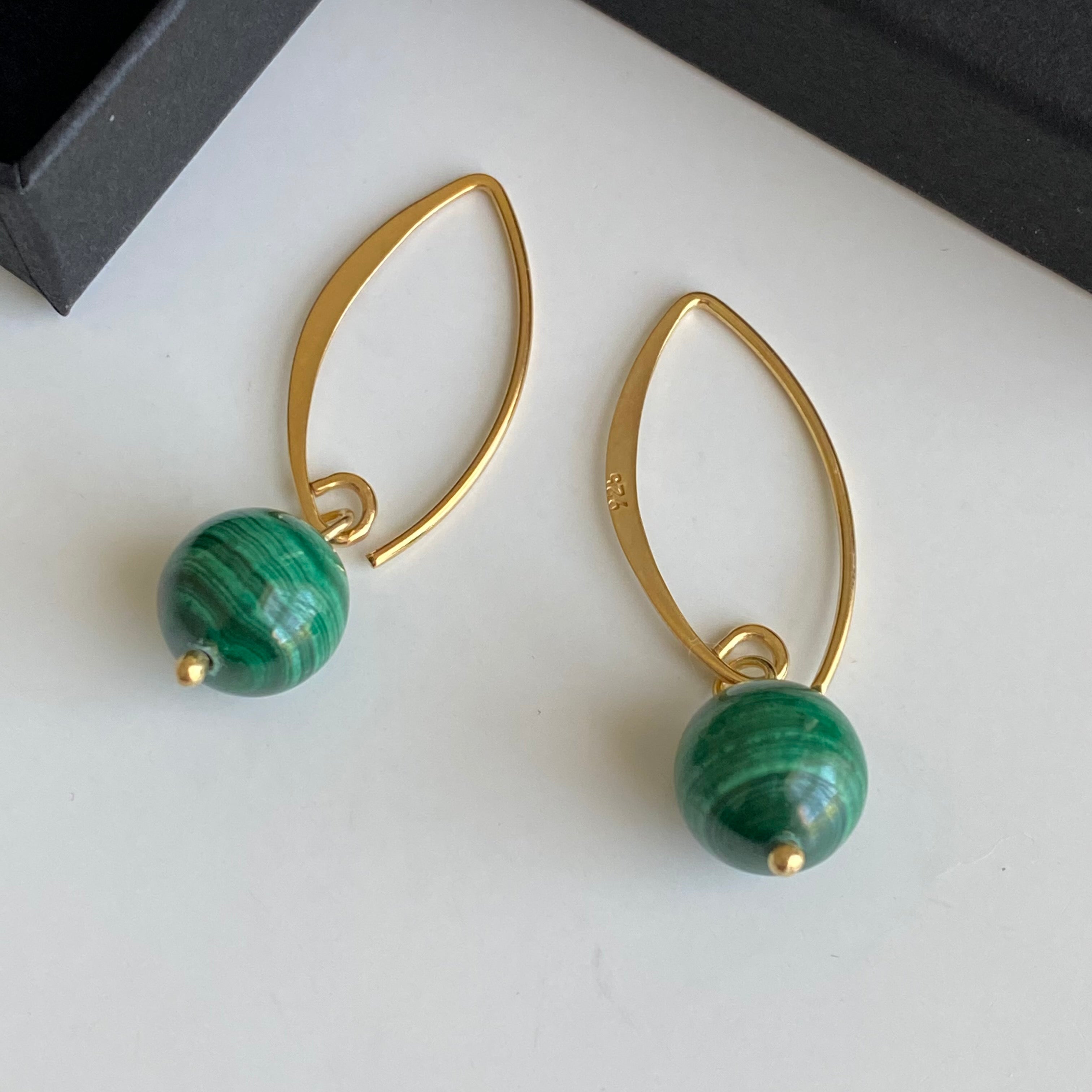 Gold Plated Sterling Silver Threader Hook Earrings - Malachite