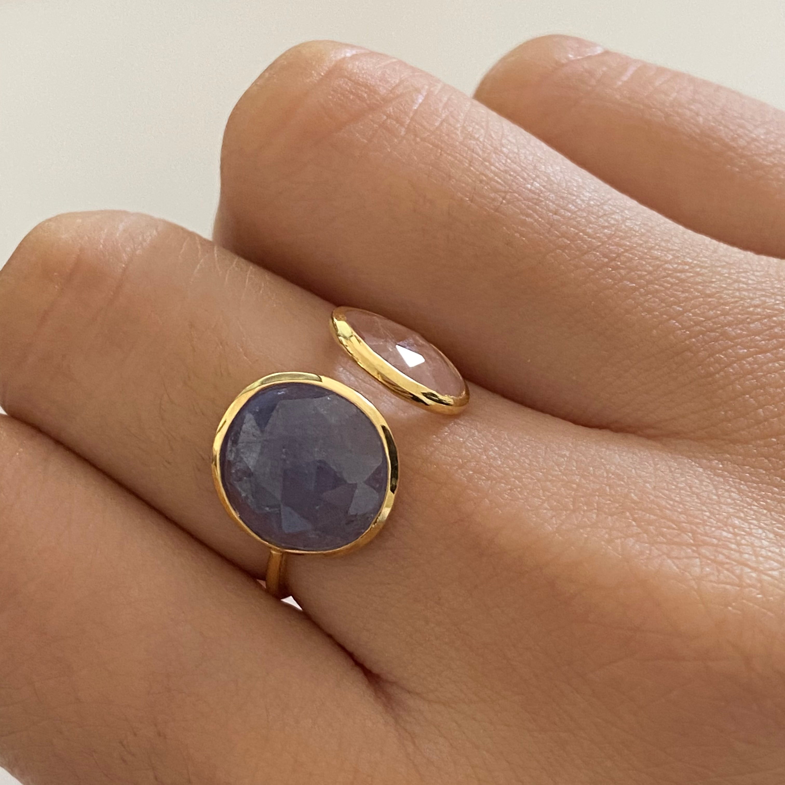 Gold Plated Sterling Silver Two Gemstone Ring with Morganite and Tanzanite