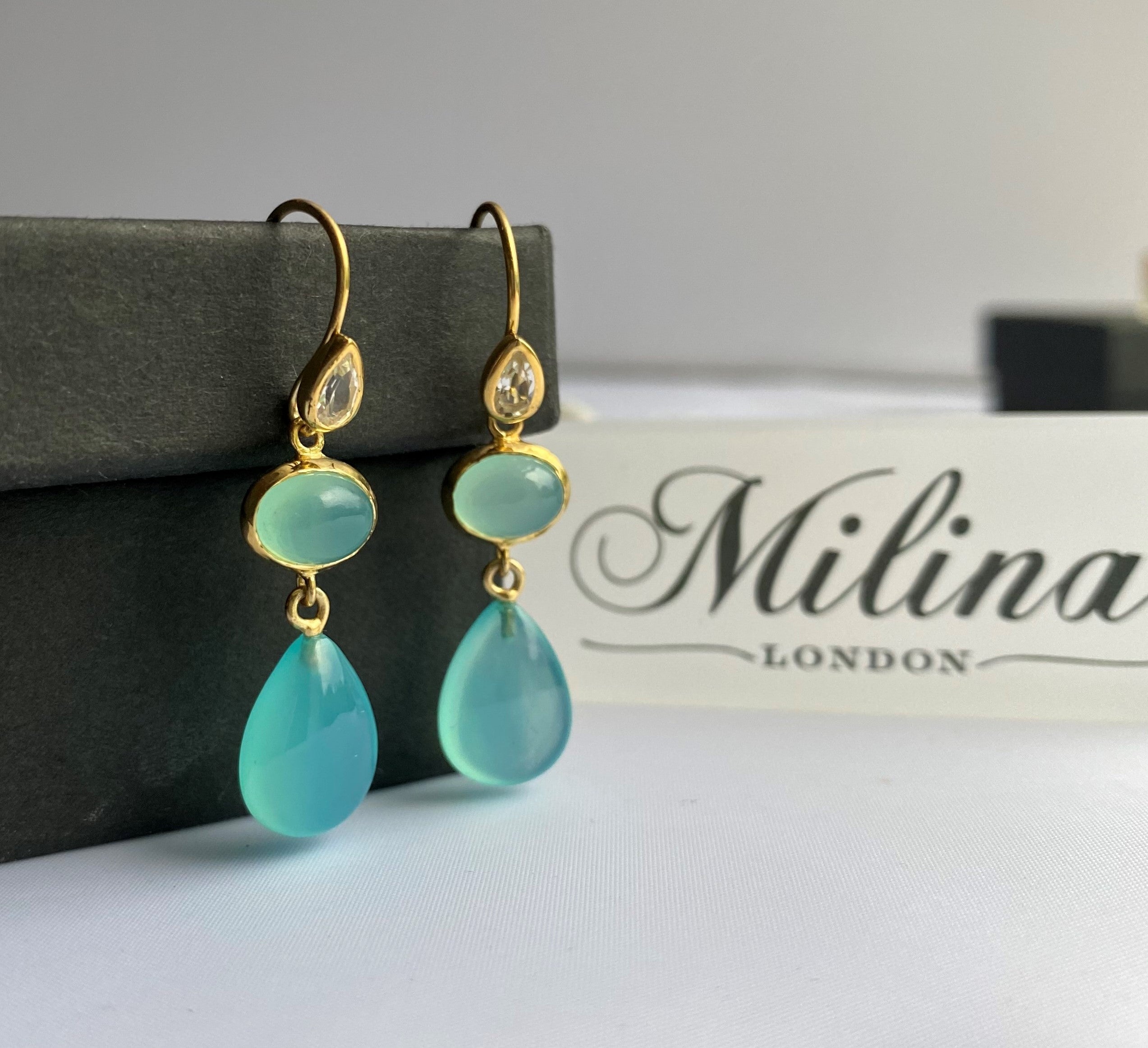 Long Hook Earrings 3 Stones - Faceted Rock Crystal, Cabochon Blue Topaz & Cabochon Aqua Chalcedony