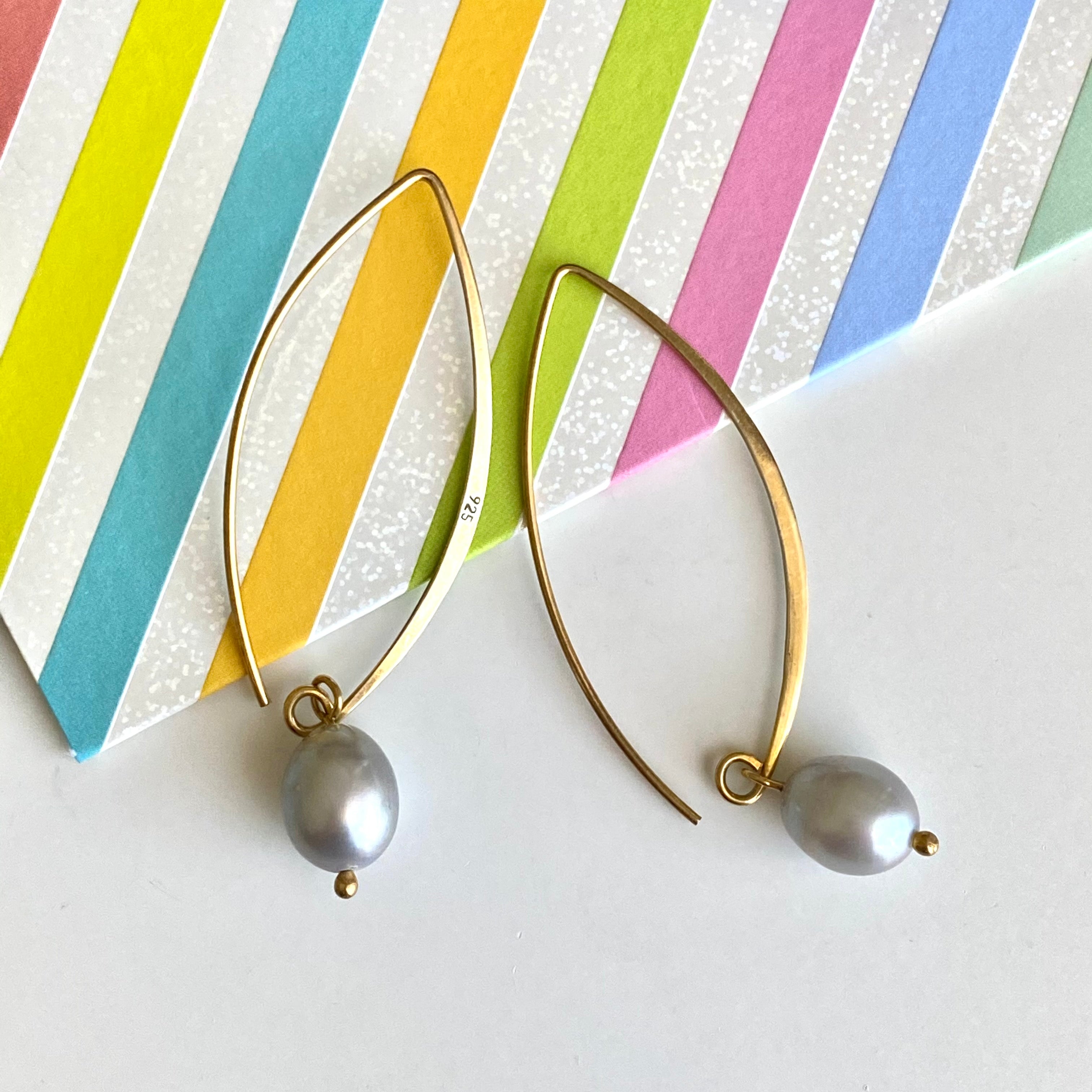Gold Plated Long Sterling Silver Threader Earrings with Grey Pearl Drop