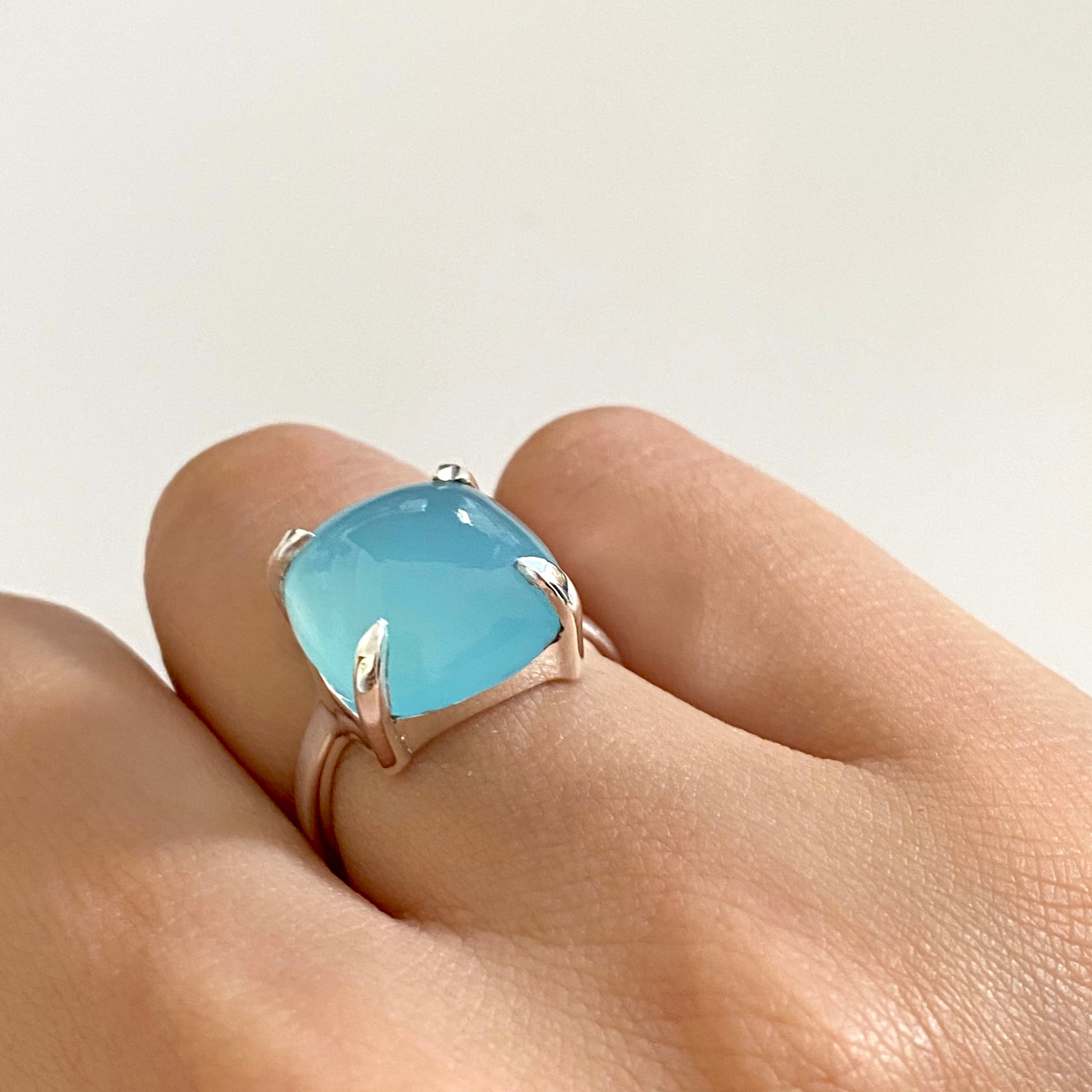 Square Cabochon Aqua Chalcedony Ring in Sterling Silver
