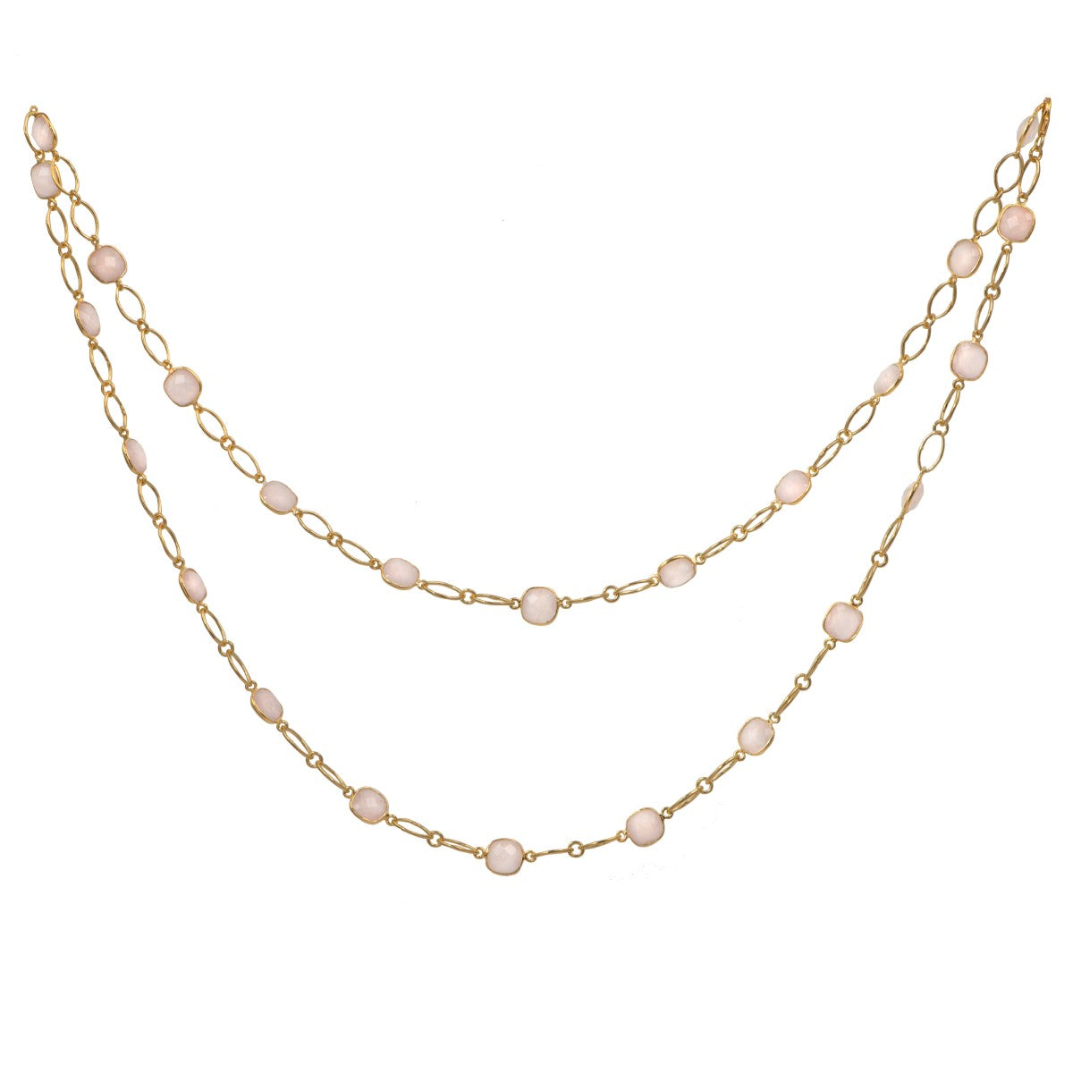Rose Quartz Gold Plated Sterling Silver Long Statement Necklace with Large Oval Links Chain