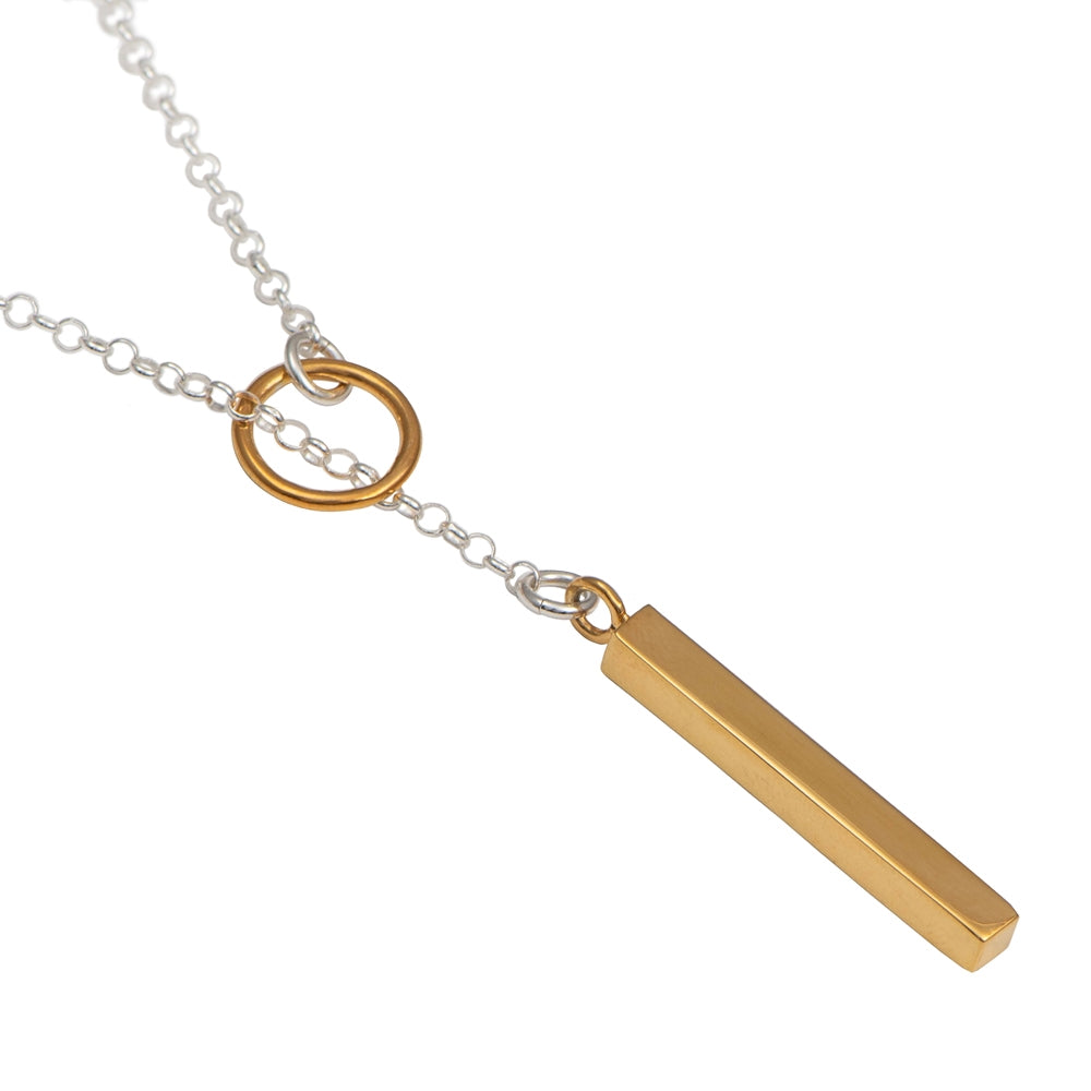 Gold Plated Silver Lariat Y Necklace with Long Cuboid Pendant