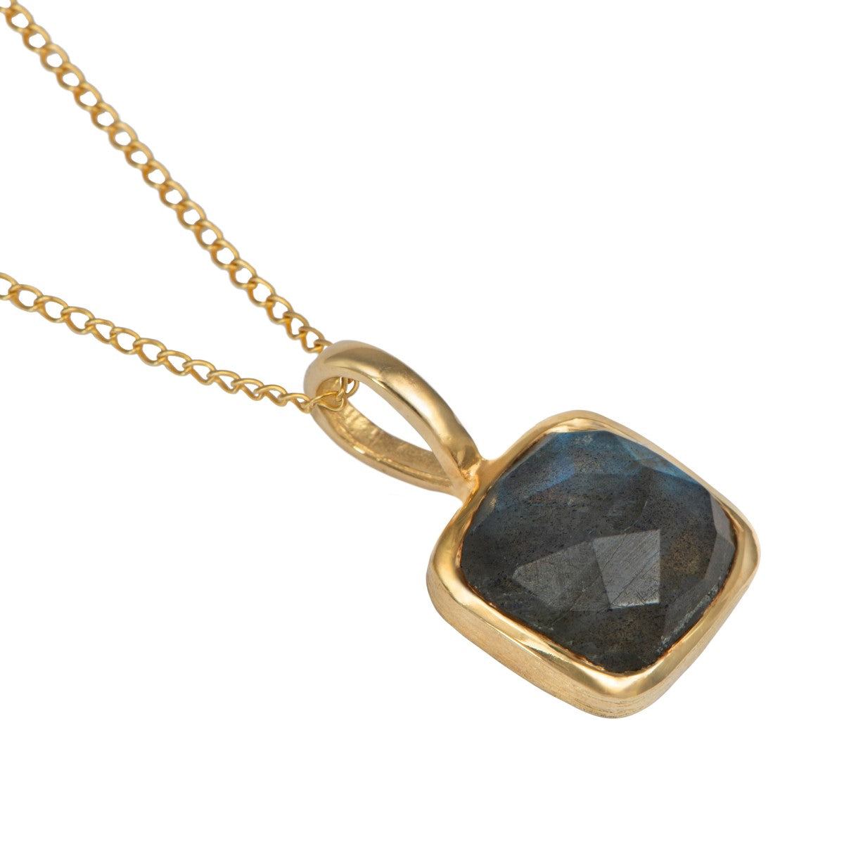 Gold Plated Sterling Silver Pendant Necklace with a Faceted Square Gemstone - Labradorite
