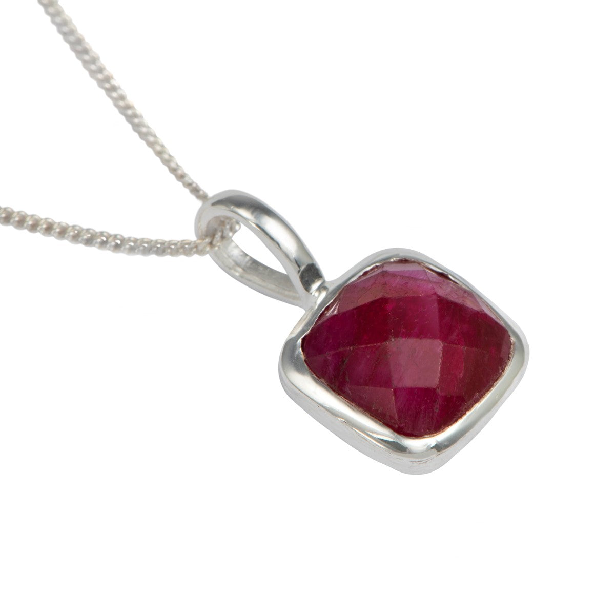 Sterling Silver Pendant Necklace with a Faceted Square Gemstone - Ruby Quartz