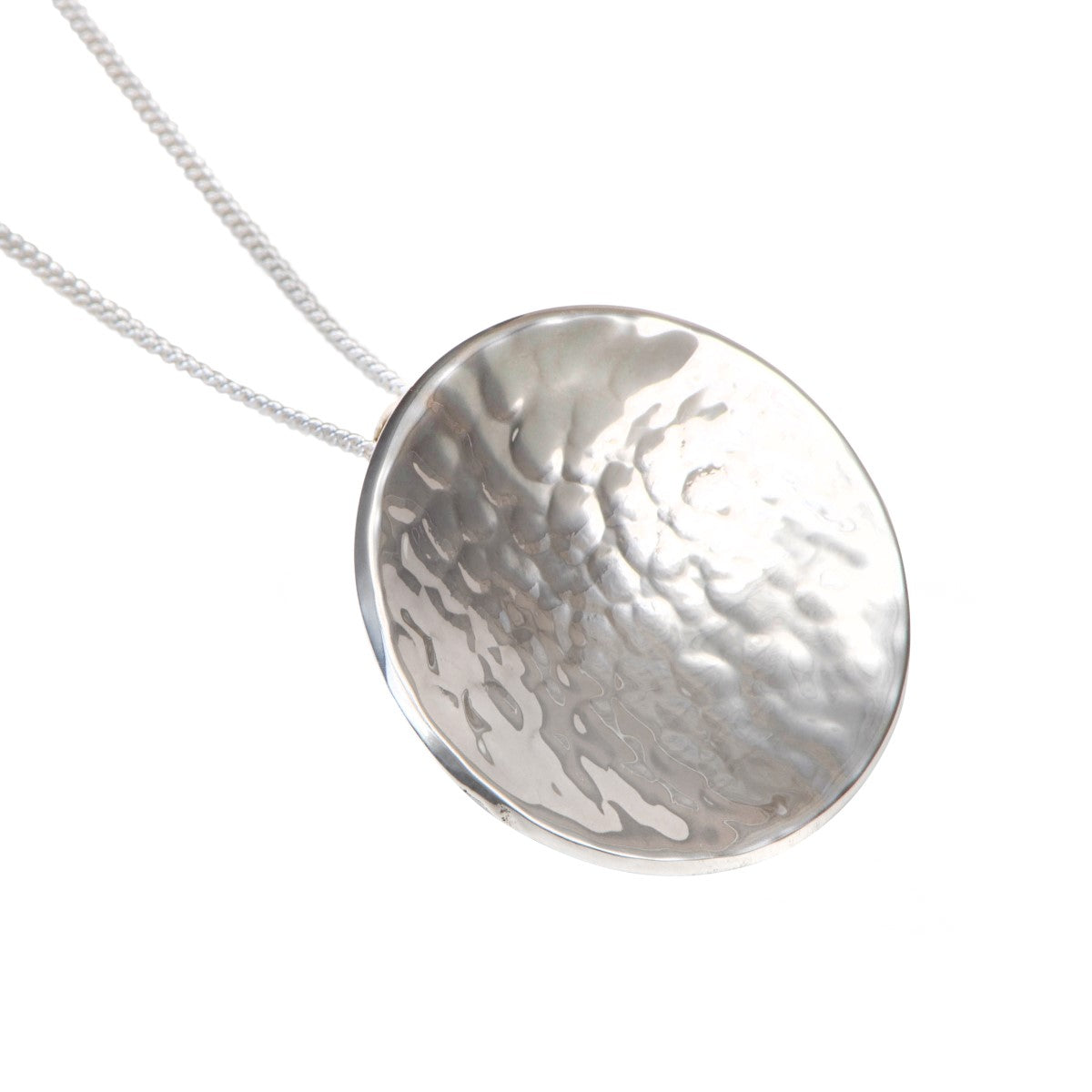 Large Sterling Silver Round Hammered Disc Pendant Necklace