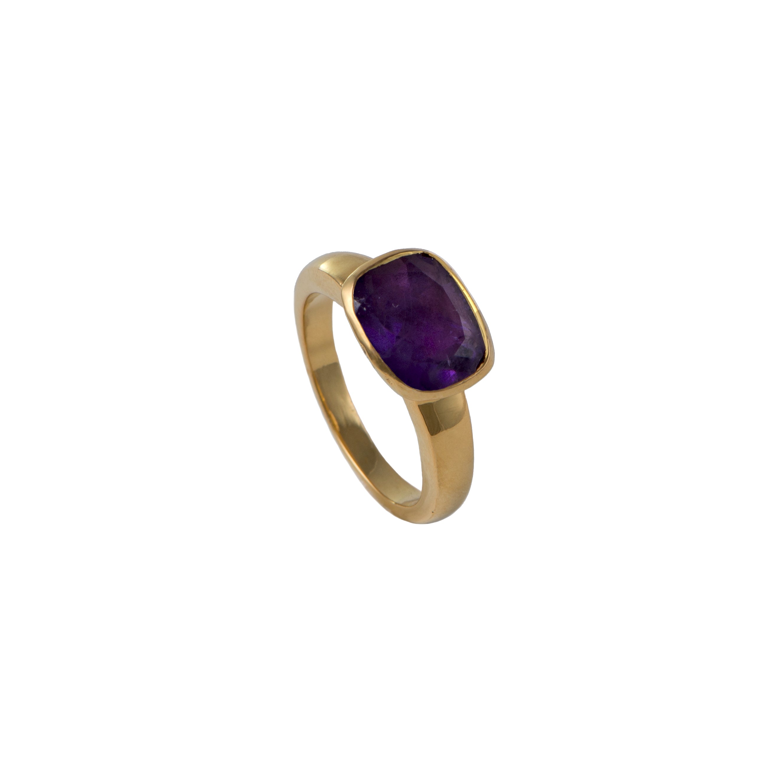Faceted Rectangular Cut Natural Gemstone Gold Plated Sterling Silver Ring - Amethyst