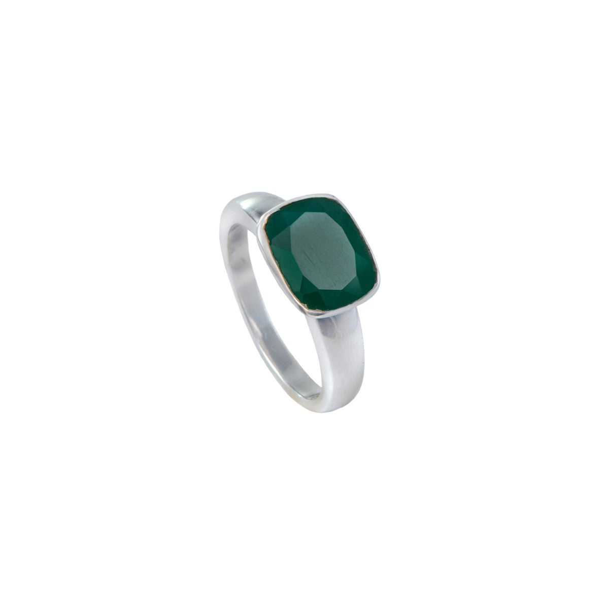 Faceted Rectangular Cut Natural Gemstone Sterling Silver Ring - Green Onyx