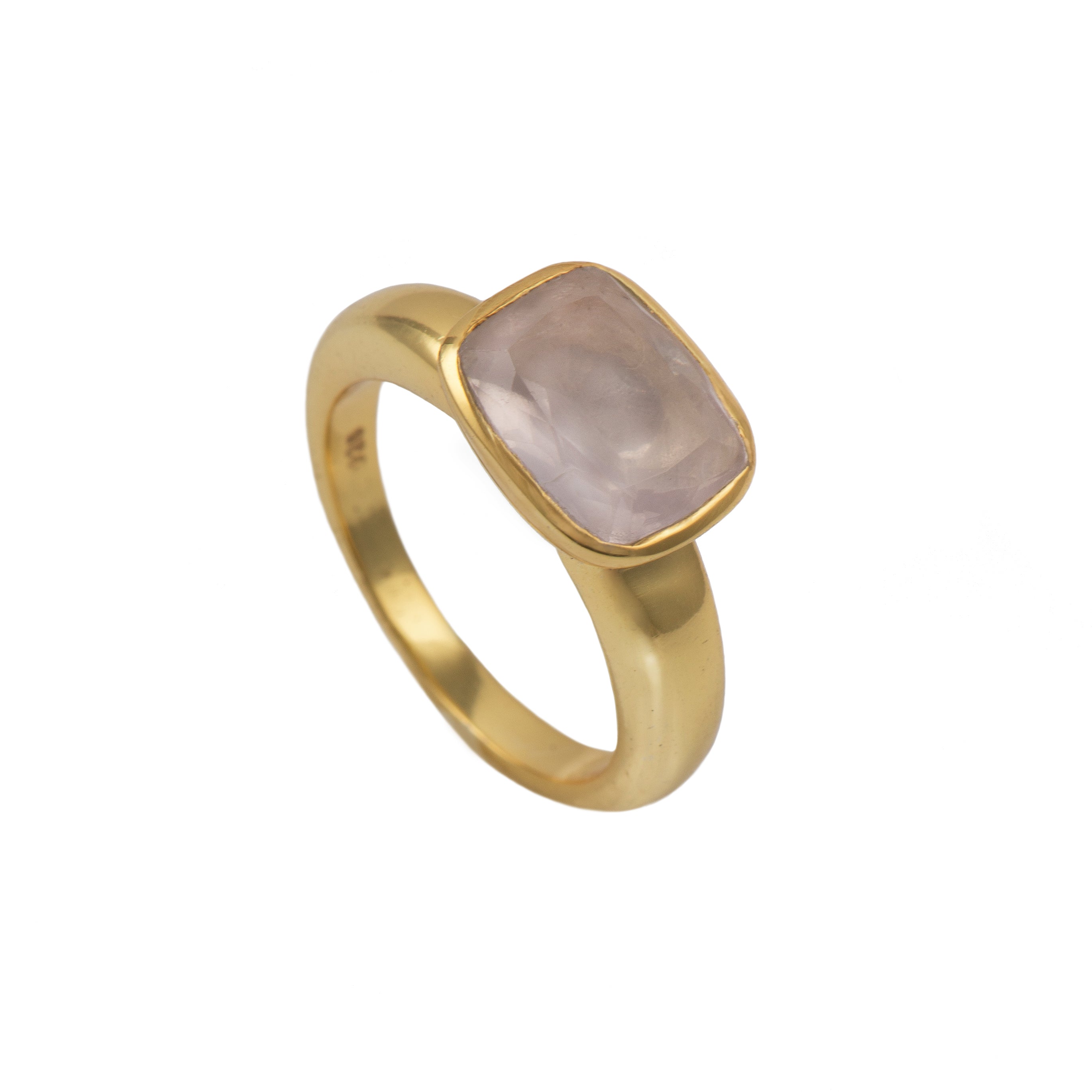 Faceted Rectangular Cut Natural Gemstone Gold Plated Sterling Silver Ring - Rose Quartz