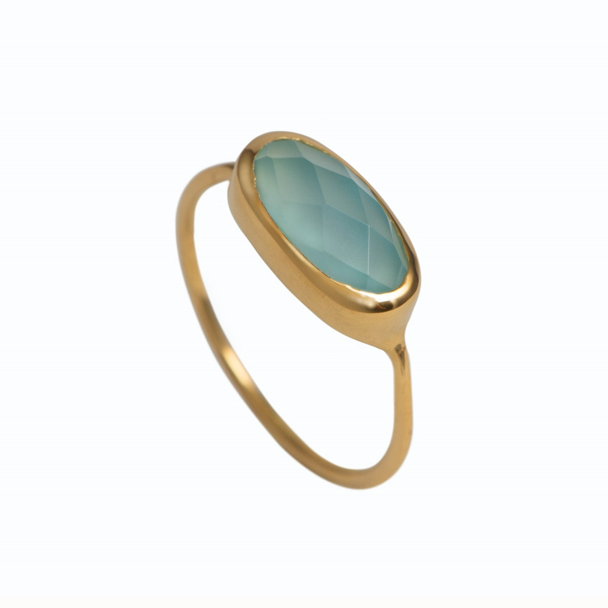 Faceted Oval Cut Natural Gemstone Gold Plated Sterling Silver Fine Band Ring - Aqua Chalcedony