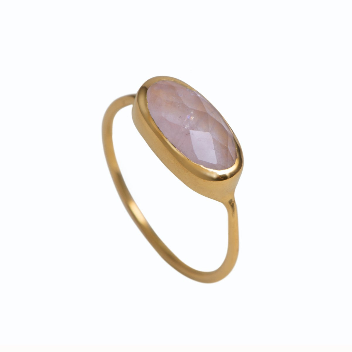 Faceted Oval Cut Natural Gemstone Gold Plated Sterling Silver Fine Band Ring - Rose Quartz