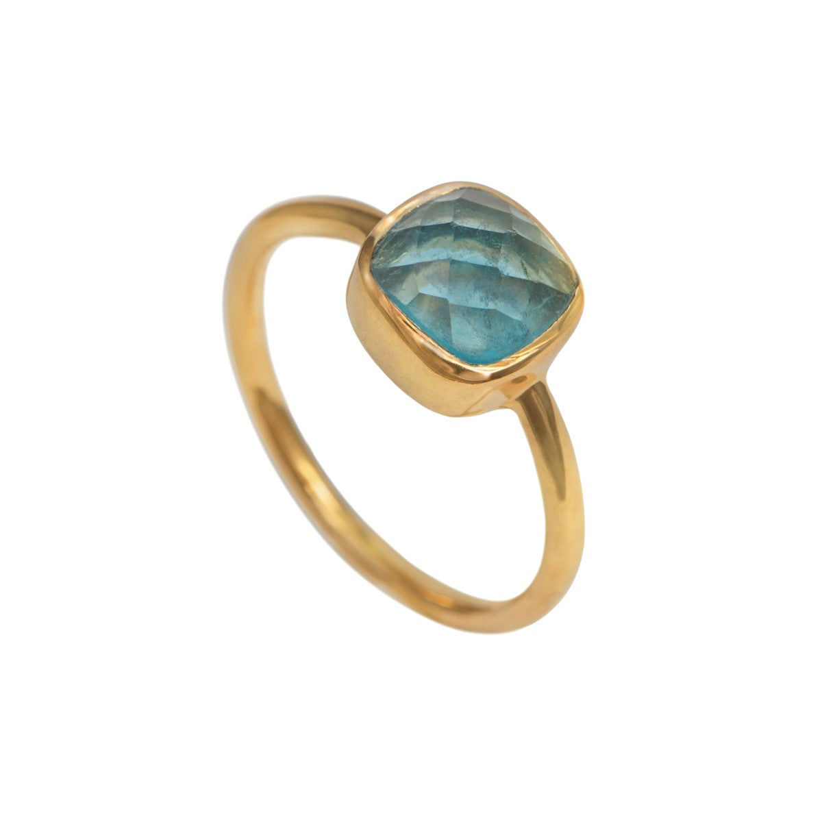 Faceted Square Cut Natural Gemstone Gold Plated Sterling Silver Solitaire Ring - Apatite
