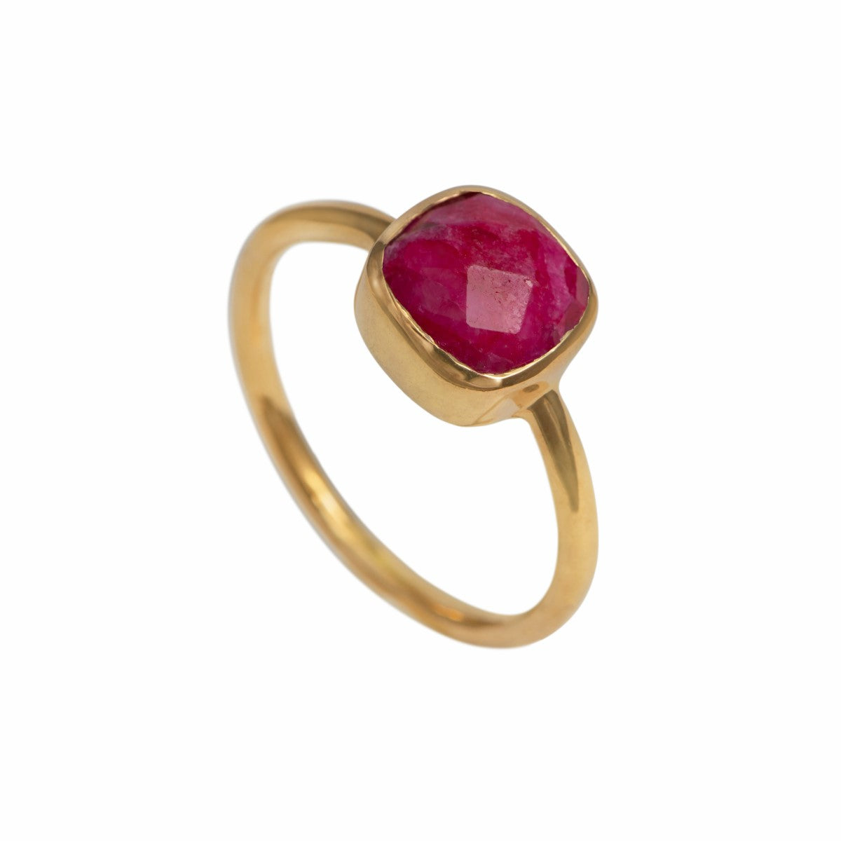 Faceted Square Cut Natural Gemstone Gold Plated Sterling Silver Solitaire Ring - Ruby Quartz