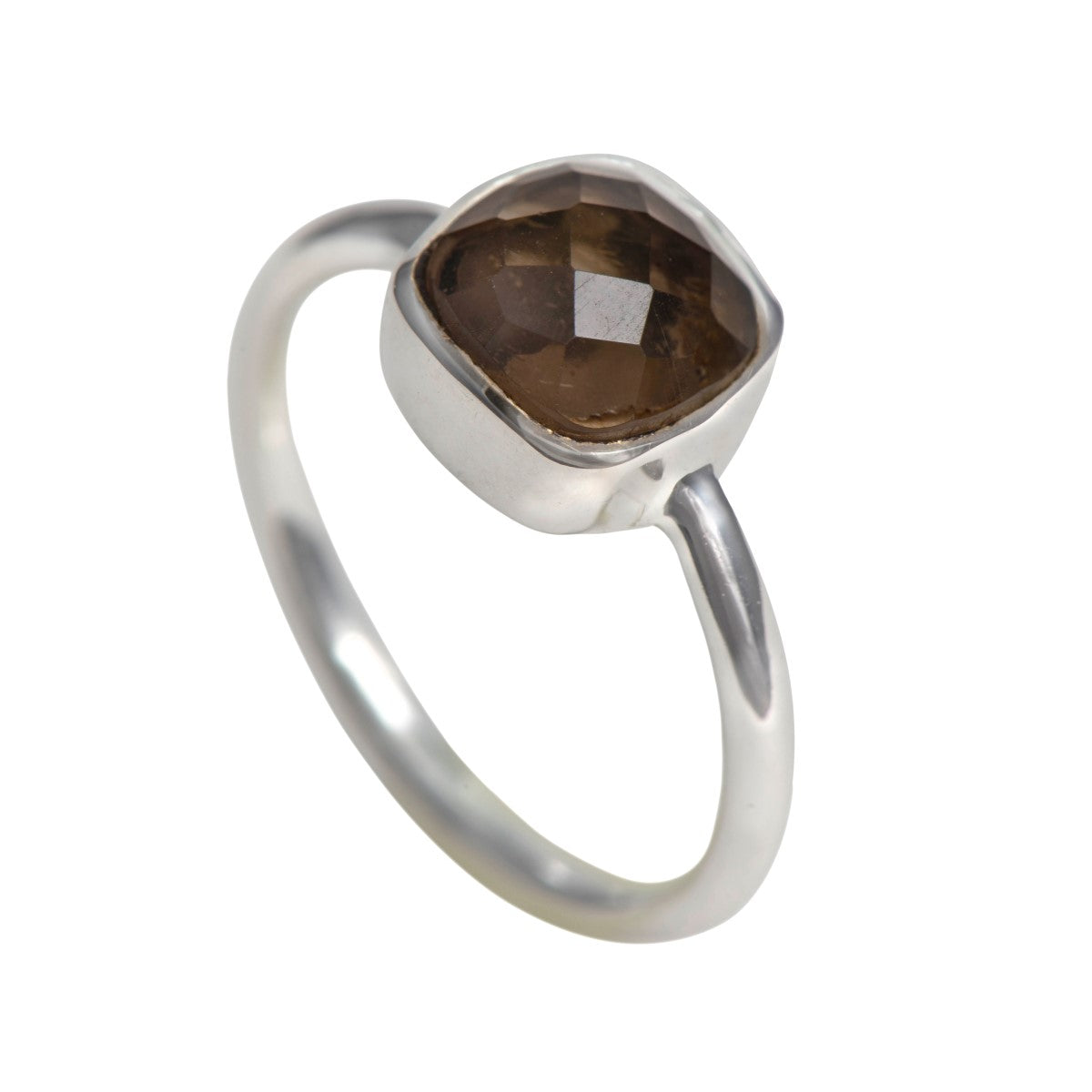 Faceted Square Cut Natural Gemstone Sterling Silver Solitaire Ring - Smoky Quartz